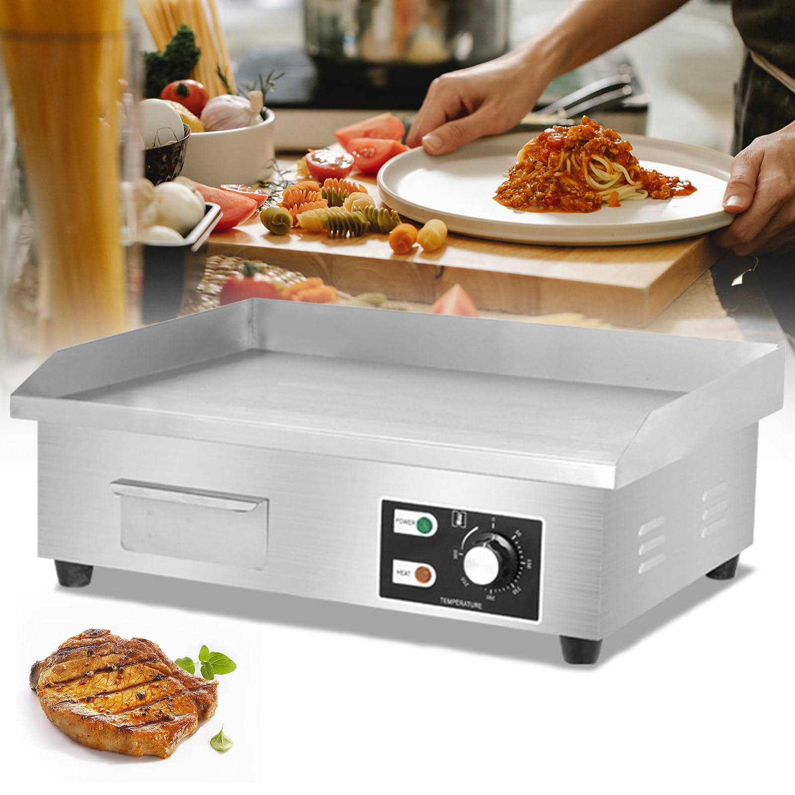 Piastra Commerciale da 22" Piastra elettrica da appoggio con controllo della temperatura 0~300 ℃, griglia piatta antiaderente in acciaio inossidabile per cucine di ristoranti, facile da pulire
