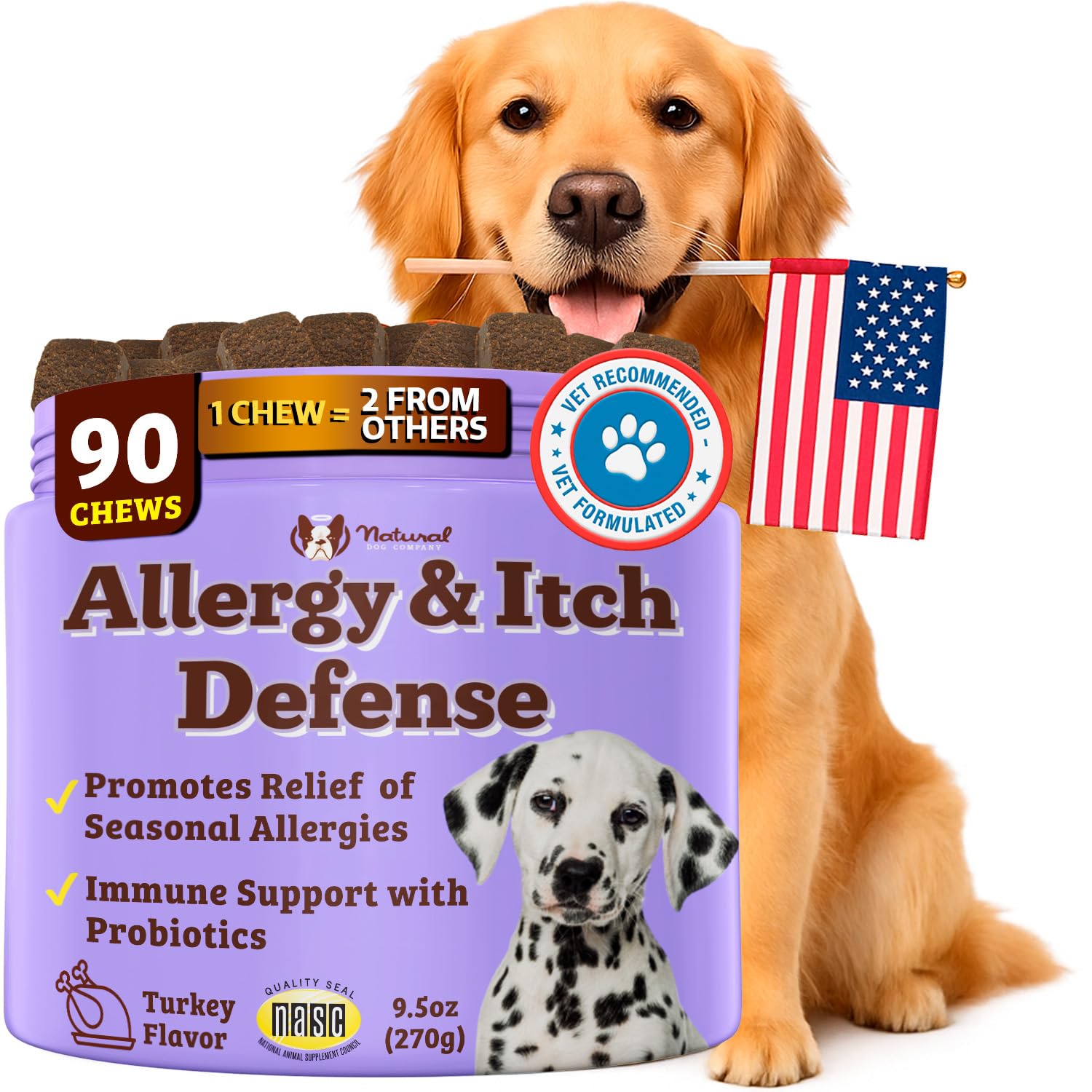 Natural Dog Company Allergy & Itch Defense Chews – Allergy Support for Dogs, Itch Relief, Skin, Coat & Gut Health with Probiotics, Colostrum & Salmon Oil, Grain-Free Dog Supplement, 90 ct