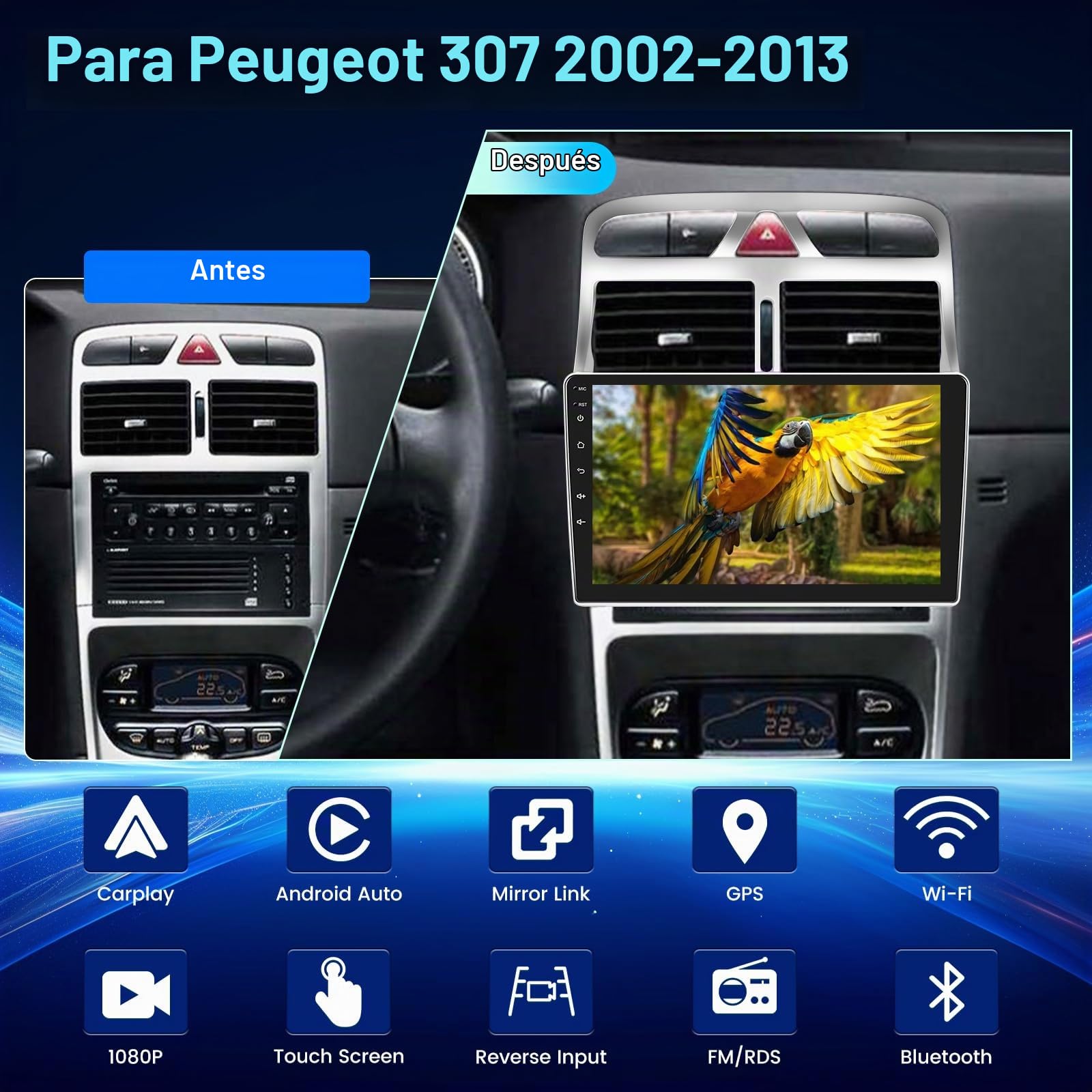 Radio Android 2+64GB para Peugeot 307 2002-2013, Pantalla Táctil IPS 9 Pulgadas con CarPlay & Android Auto Inalámbrico, GPS WiFi Bluetooth DSP + Cámara de Marcha Atrás & Micrófono