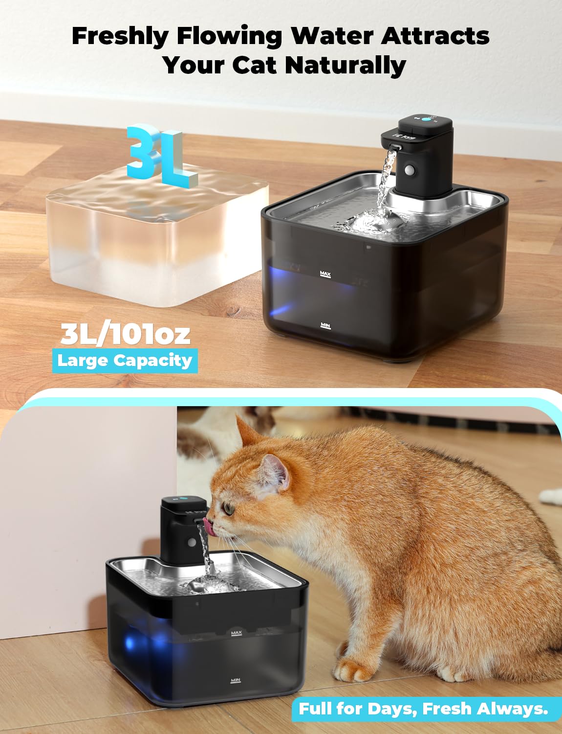 KYG Fontanella per Gatti Senza Fili, 3L Fontanella Gatto Automatica con Sensore di Movimento, Vassoio Acciaio Inox 304, Fontana per Gatti Silenziosa, 4000mAh(Modulo Alimentazione Removibile), Nero