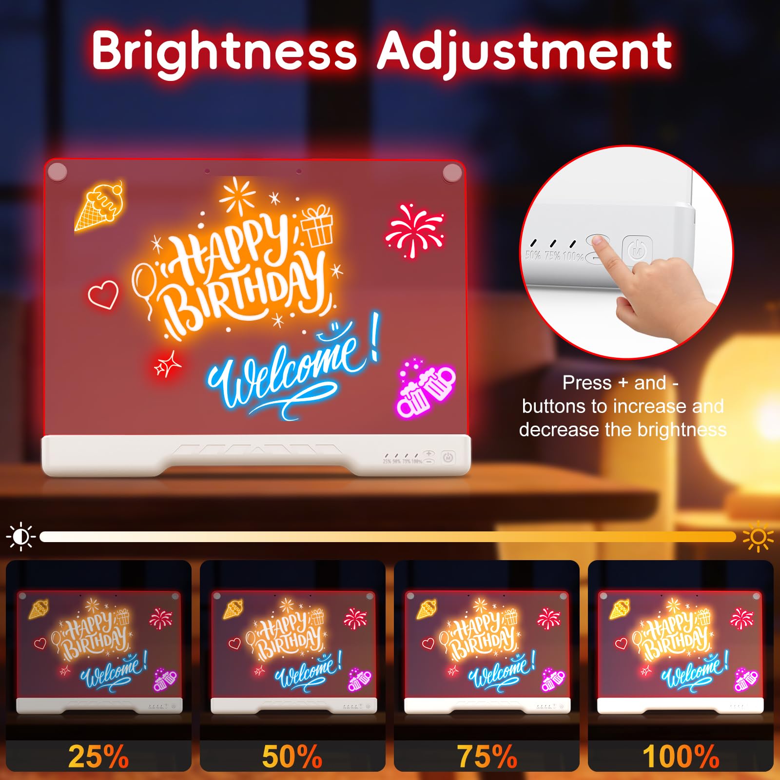 Tabla de Dibujo LED 16 Pulgadas Recargable con 7 Colores y Brillo Ajustable, Pizarra Neon Art