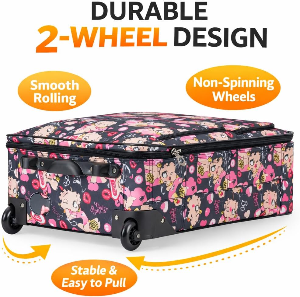 Karriage-Mate Betty Boop 3-Piece Luggage Set (20"/24"/28") - Lightweight Rolling Suitcase with Spinner Wheels, Expandable Softside Travel Bags (Pink/Black Cartoon Print)