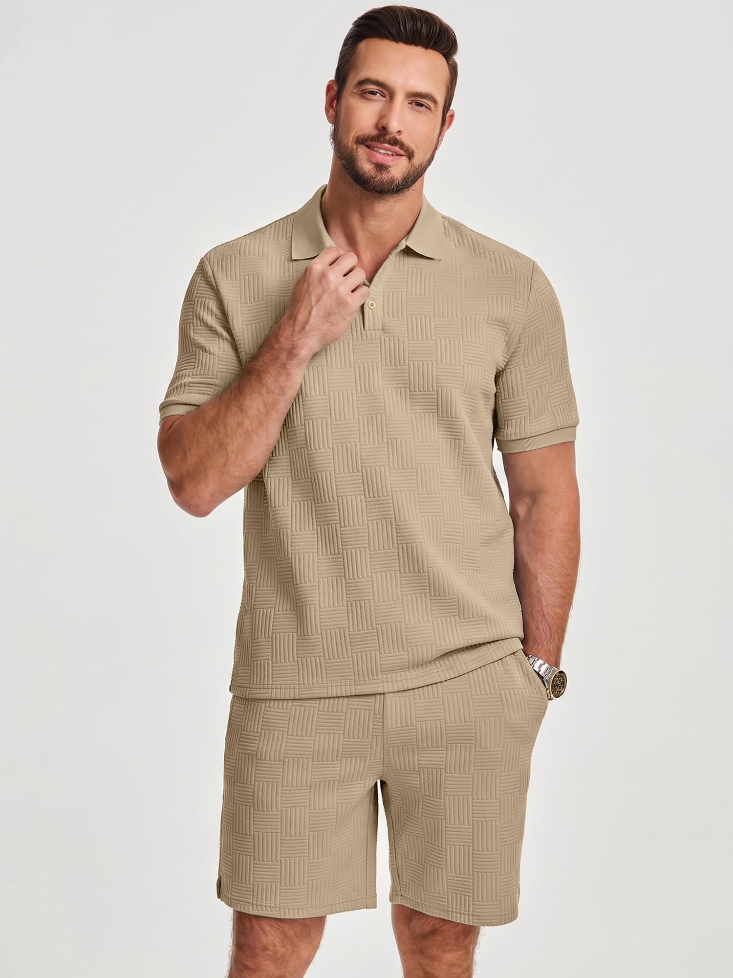 JMIERR Jogginganzug Herren Set 2-Teiliger Sommer Trainingsanzug Casual Textured Poloshirt Herren mit Baggy Shorts Freizeitanzug Männer Sportanzug Tracksuit Sets
