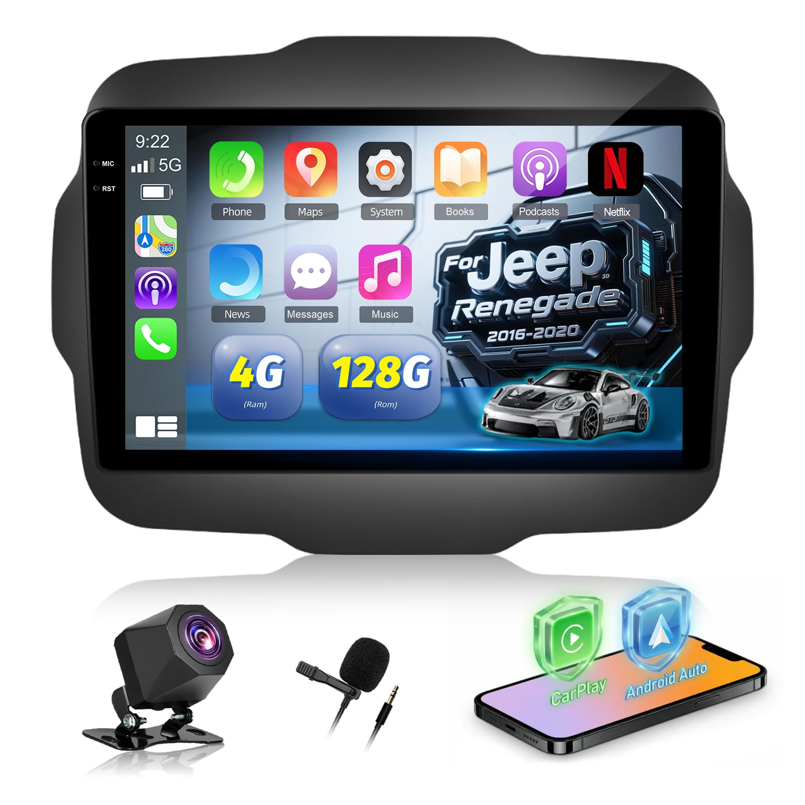 4G+128G Android Autoradio per Jeep Renegade 2016-2020 con Wireless Carplay & Android Auto, Schermo Touch IPS 9 pollici con GPS, WiFi, EQ, Bluetooth 5.0, Radio FM/RDS