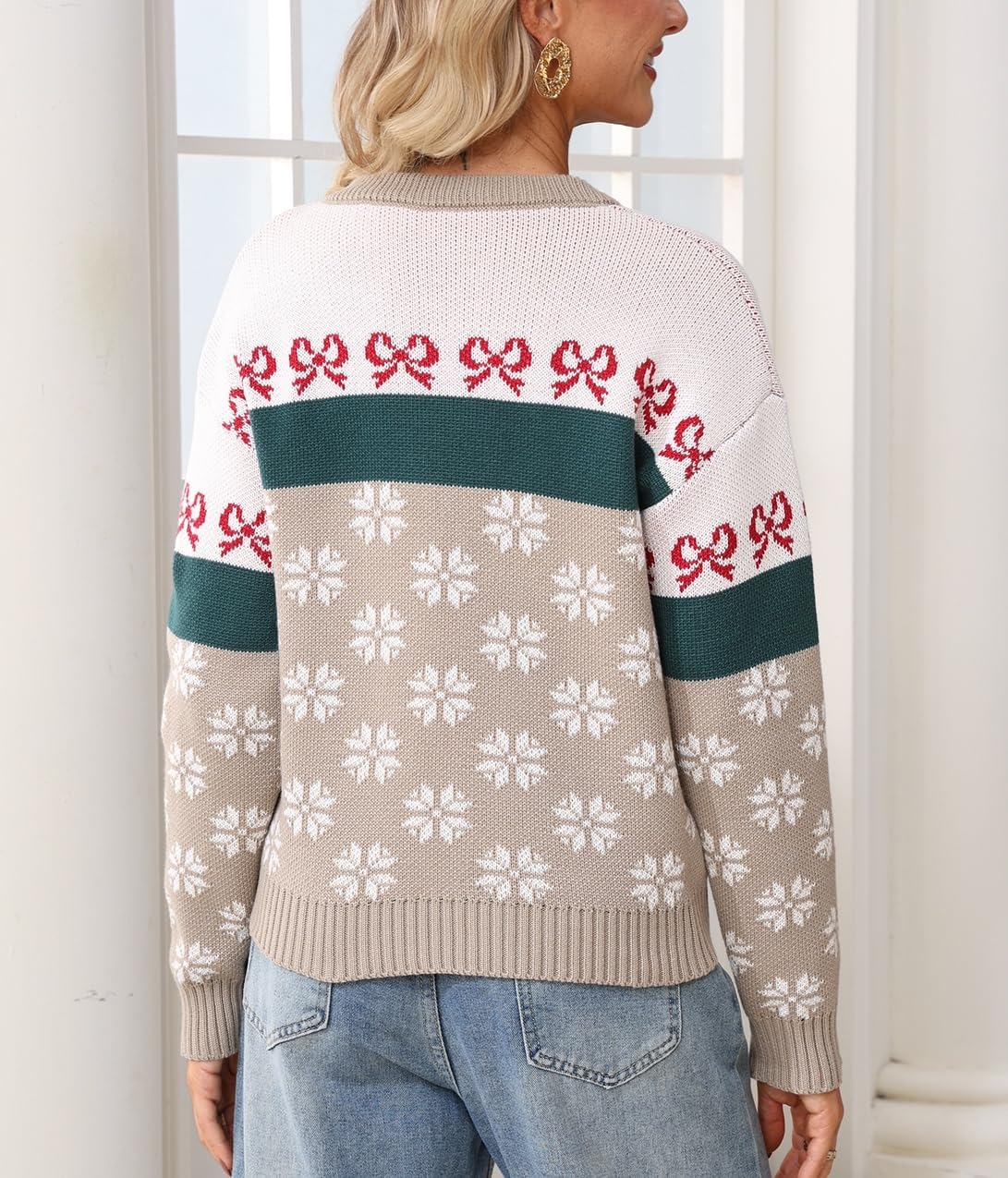 Ladyful Christmas Bow Sweater for Women Casual Long Sleeve Snowflake Pullover Sweater Knit Jumper Top - Image 6
