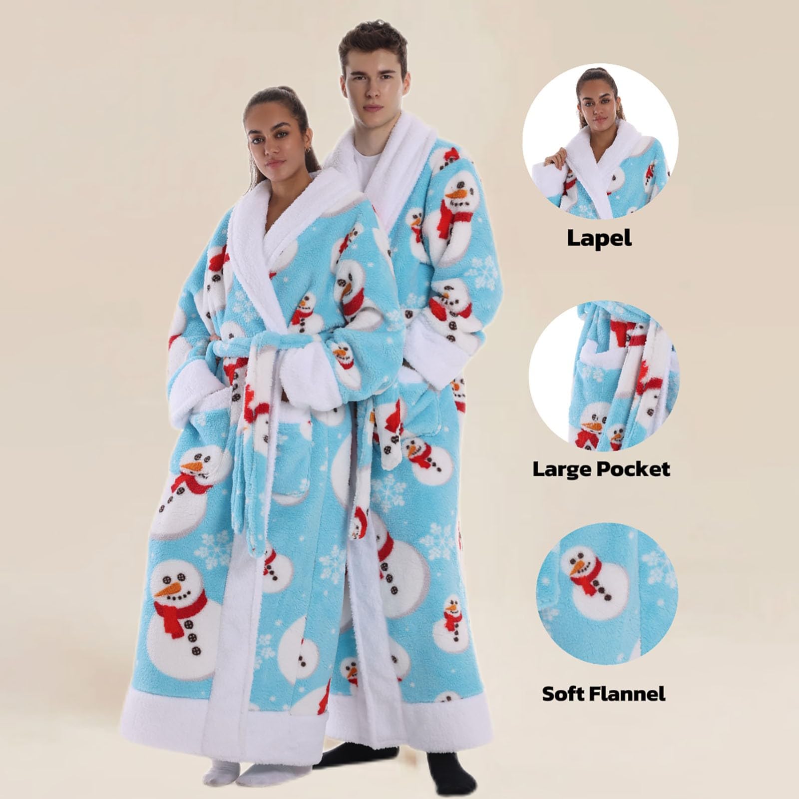 Generisch Accappatoio lungo in flanella con motivo pupazzo di neve, colletto a risvolto, per uomo e donna, caldo, unisex, con tasche in vita, per accoglienti serate di coppia