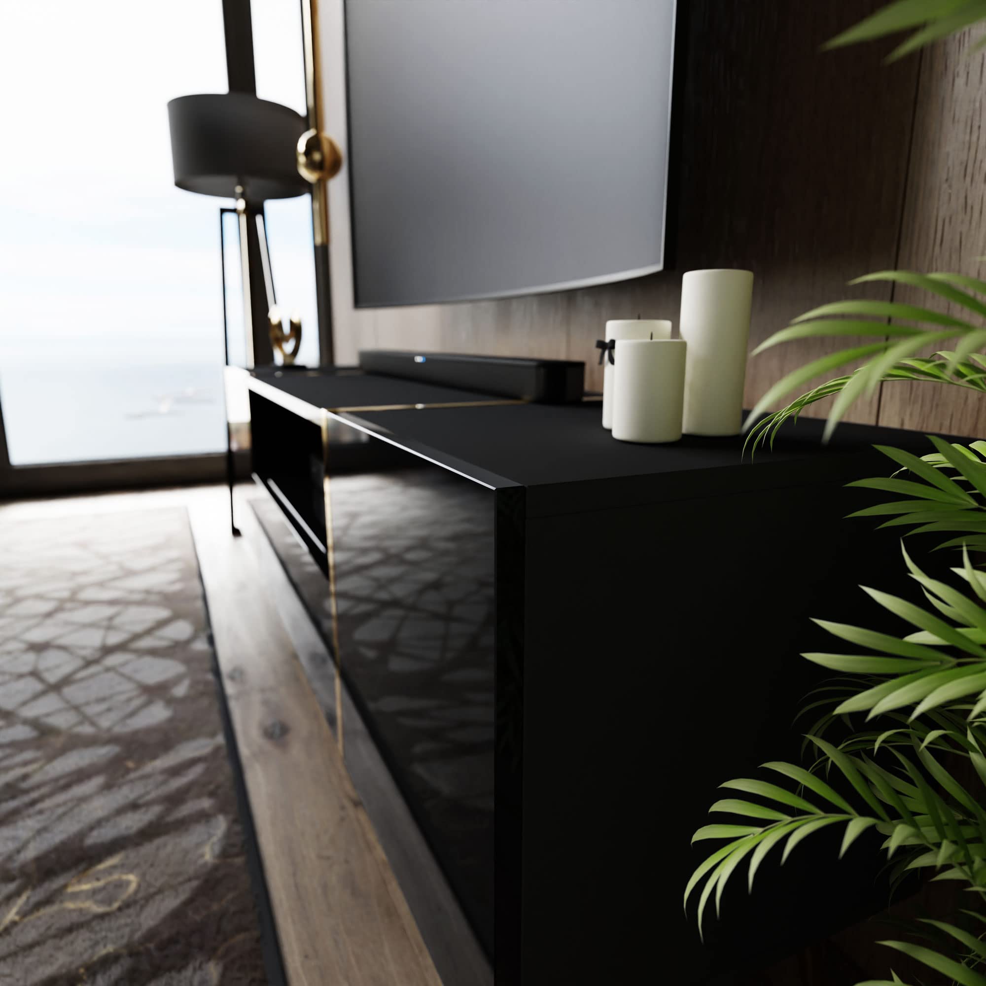 lukmebel Onyx Wohnzimmerset Auf Goldenen Beinen DREI Elemente Elegantes Und Modernes Design Leicht Zu Reinigen Abrieb- Und Kratzfest Laminierte Platte Schwarz