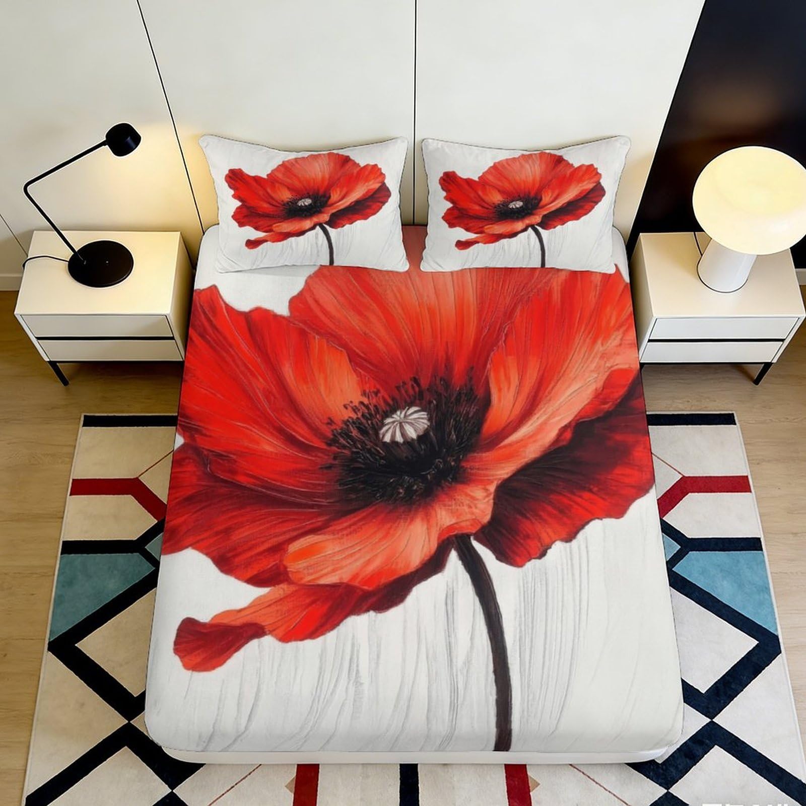 Jqzkxnhpbr Style-2 3D Printed Red Poppy Flower Fitted Sheet Microfiber Soft Decorative Bed Cover For Bedroom Guest Room Mattress Protection 90X200x25cm