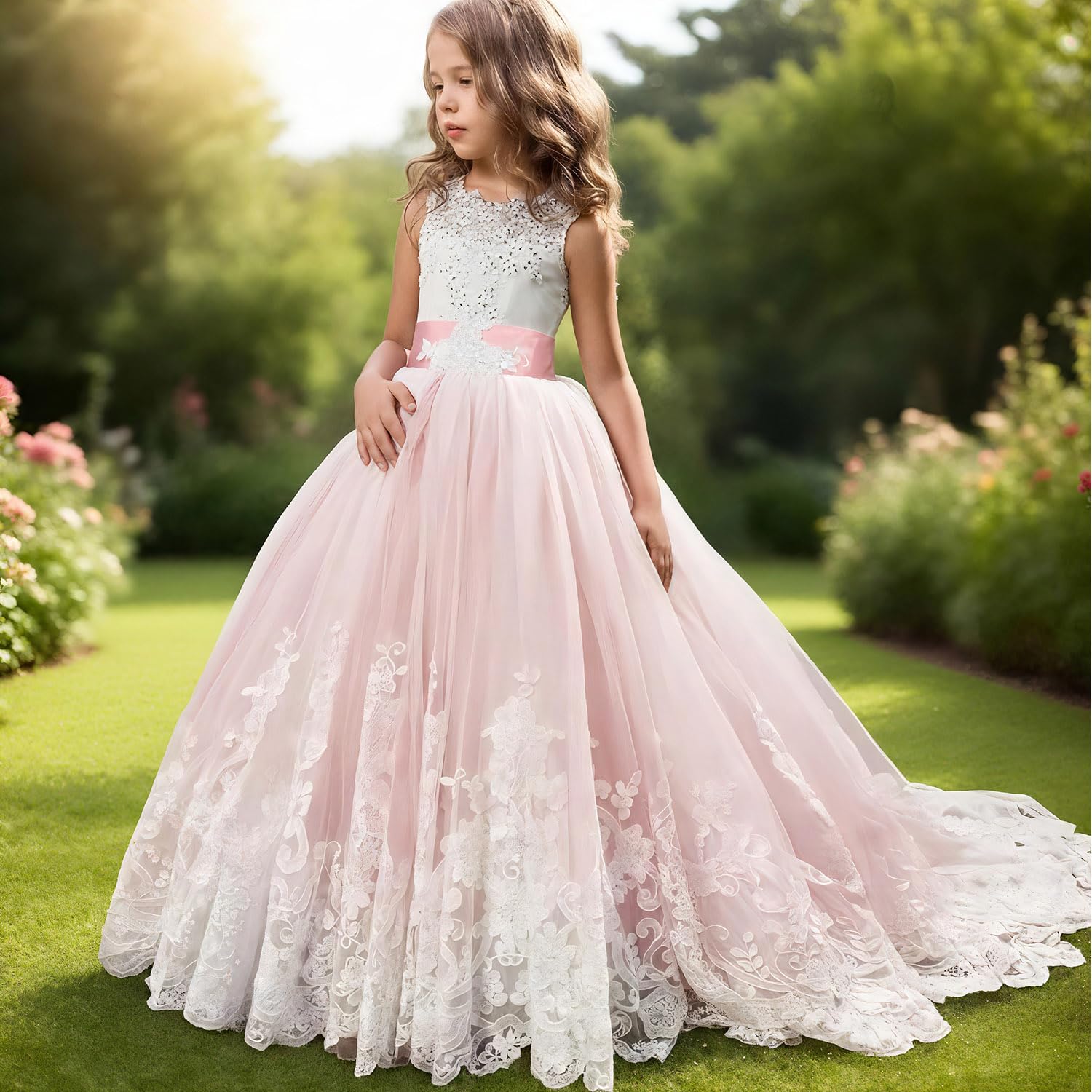 Discoball Vestido de lentejuelas y tul, incluye pañuelo de tul de flores, ideal para una boda o un baile, tallas para edades entre 2 y 12 años, color azul o rosa