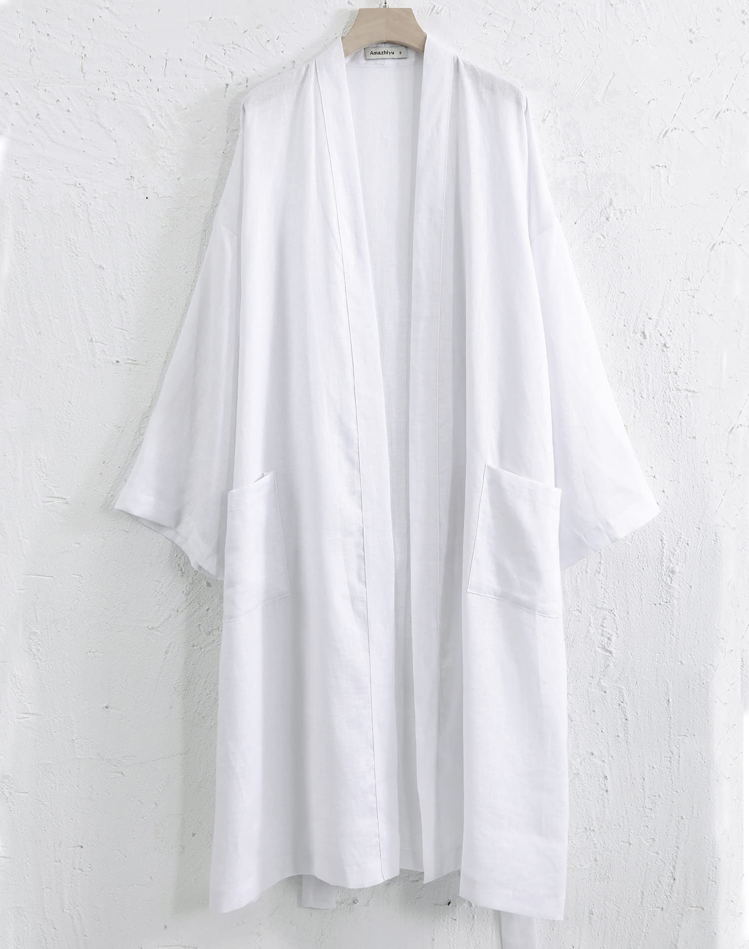 Amazhiyu Peignoir kimono en lin pur pour femme, mi-long, léger, à manches longues avec poches