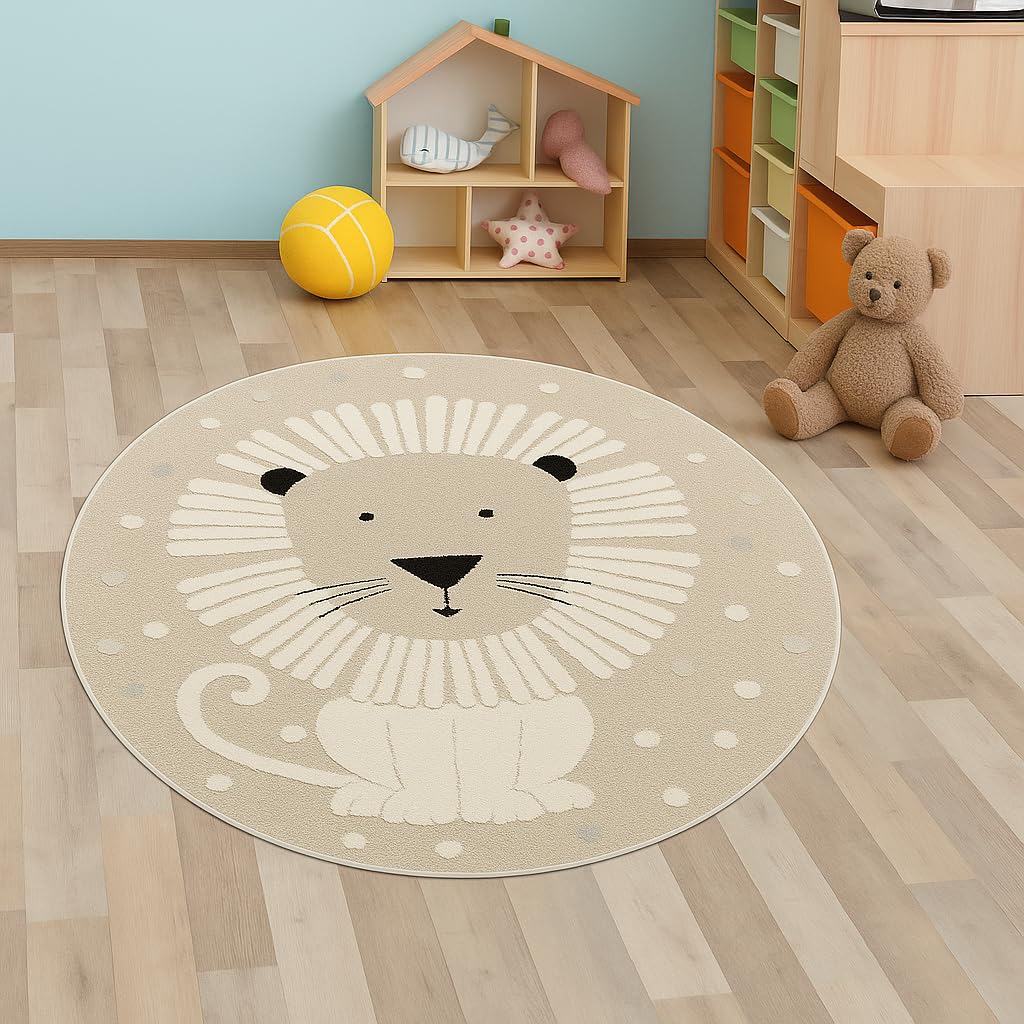 CARPETIA Teppich Kinderzimmerteppich hell niedlicher Löwe beige Creme, 120 cm RUND