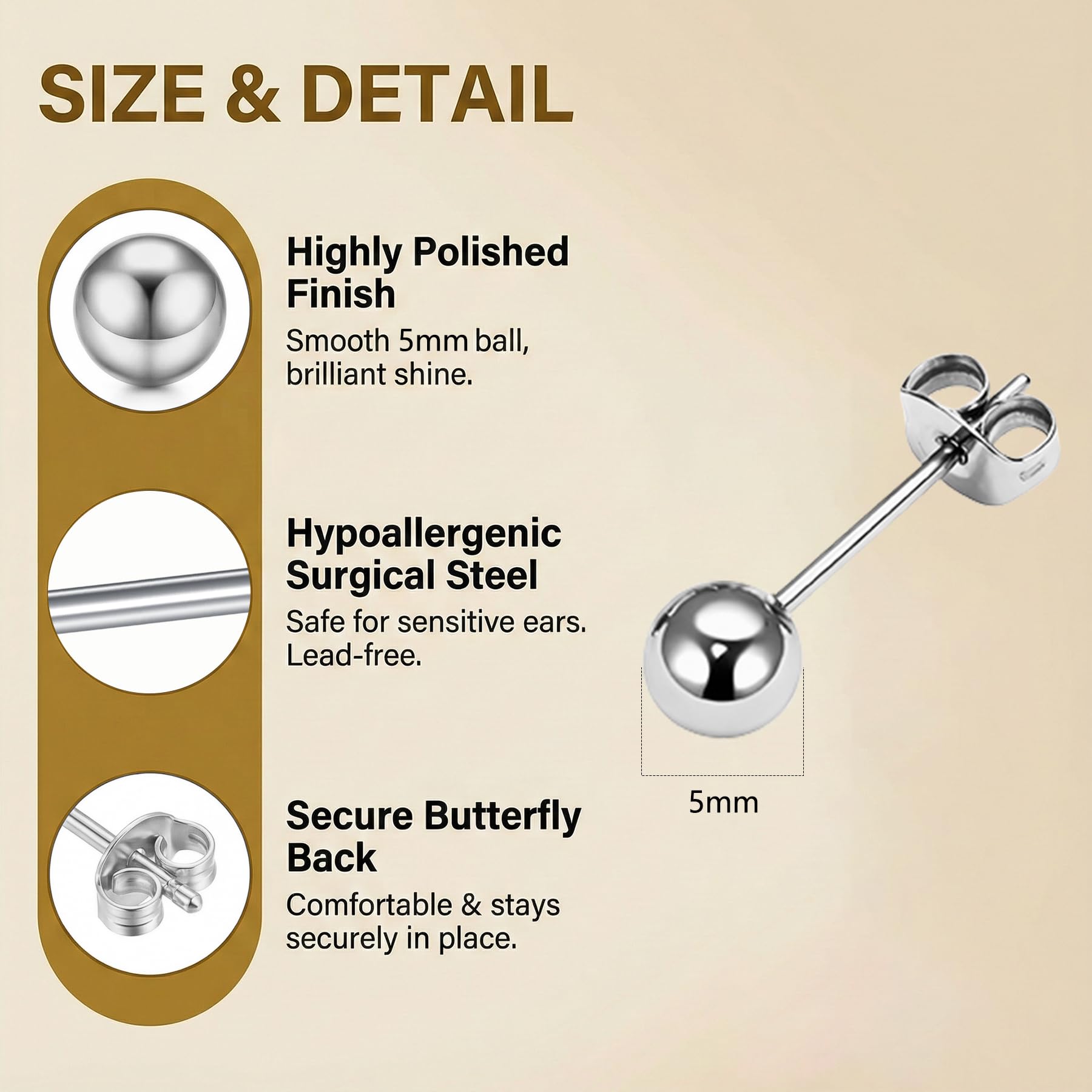 LAURITAMI G23 tytanowe okrągłe kolczyki sztyfty, srebrne, złote, 3 mm, 4 mm, 5 mm, 6 mm, tytanowe kolczyki do chrząstki dla wrażliwych uszu, dla kobiet i mężczyzn