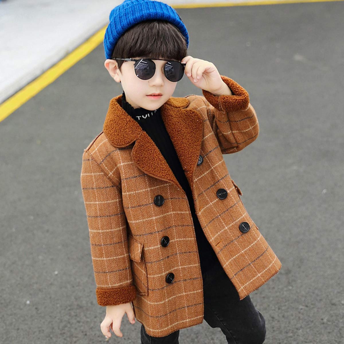 amropi Blouson Manteau Chaud Enfant Garçon Trench Croisé à Carreaux Épais Manteau Chaud Hiver Veste 2-10 Ans