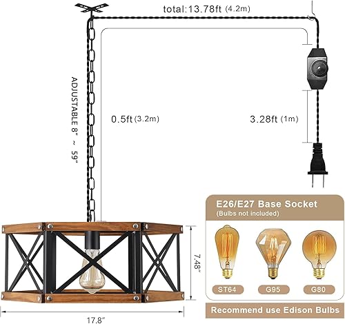 Miniatura 4 de Lámpara colgante rústica grande de granja con cadena ajustable, interruptor regulable, lámpara colgante de madera de roble industrial y jaula de