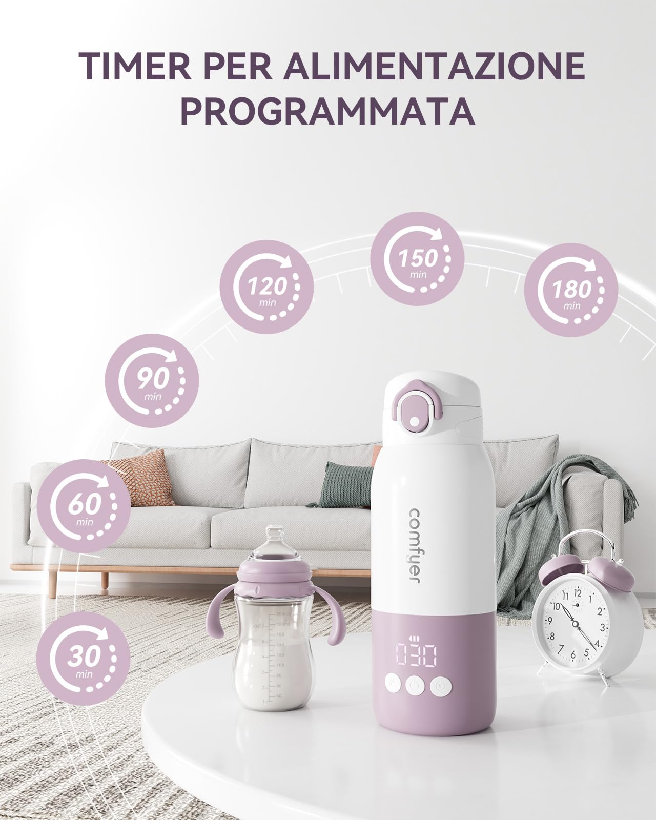 comfyer Scaldabiberon Portatile, Riscaldamento Rapido e Lunga Durata della Batteria, 2 Modalità per Latte Materno e Acqua, Grande Capacità di 340ml per Tutto il Giorno