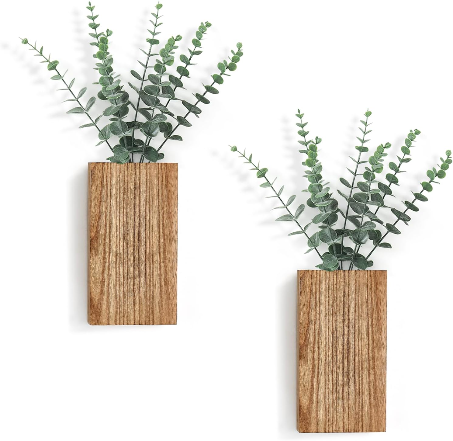 Dahey 2 Pack Wood Wall Planter Vase with Artificial Eucalyptus Farmhouse Wall Hanging Decor Pocket Planter for Indoor Fake Plants Greenery Flowers, livingroom Bedroom Kitchen Home Office Decoration Natural Medium