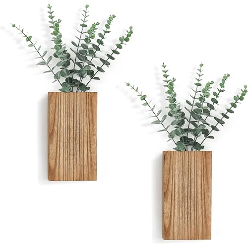 Dahey 2 Pack Wood Wall Planter Vase with Artificial Eucalyptus Farmhouse Wall Hanging Decor Pocket Planter for Indoor Fake Plants Greenery Flowers, livingroom Bedroom Kitchen Home Office Decoration