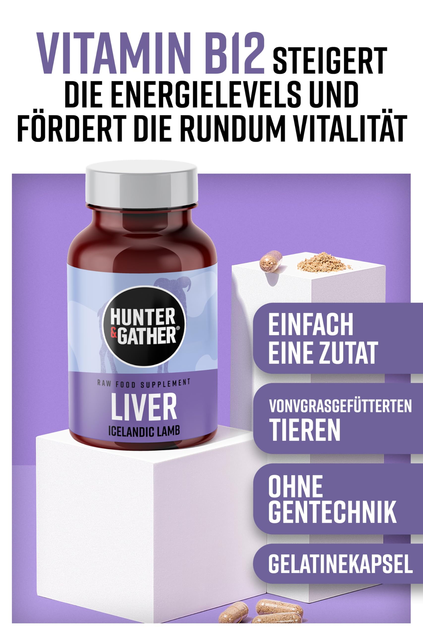 Hunter & Gather Lammleber 90 Kapseln | Ernähungsergänzung aus freilebenden, grasgefüttertem isländischen Lamm | 100% rohe gefriergetrocknete Lammleber | Keine GMV-Fütterung, Antibiotika oder Hormone