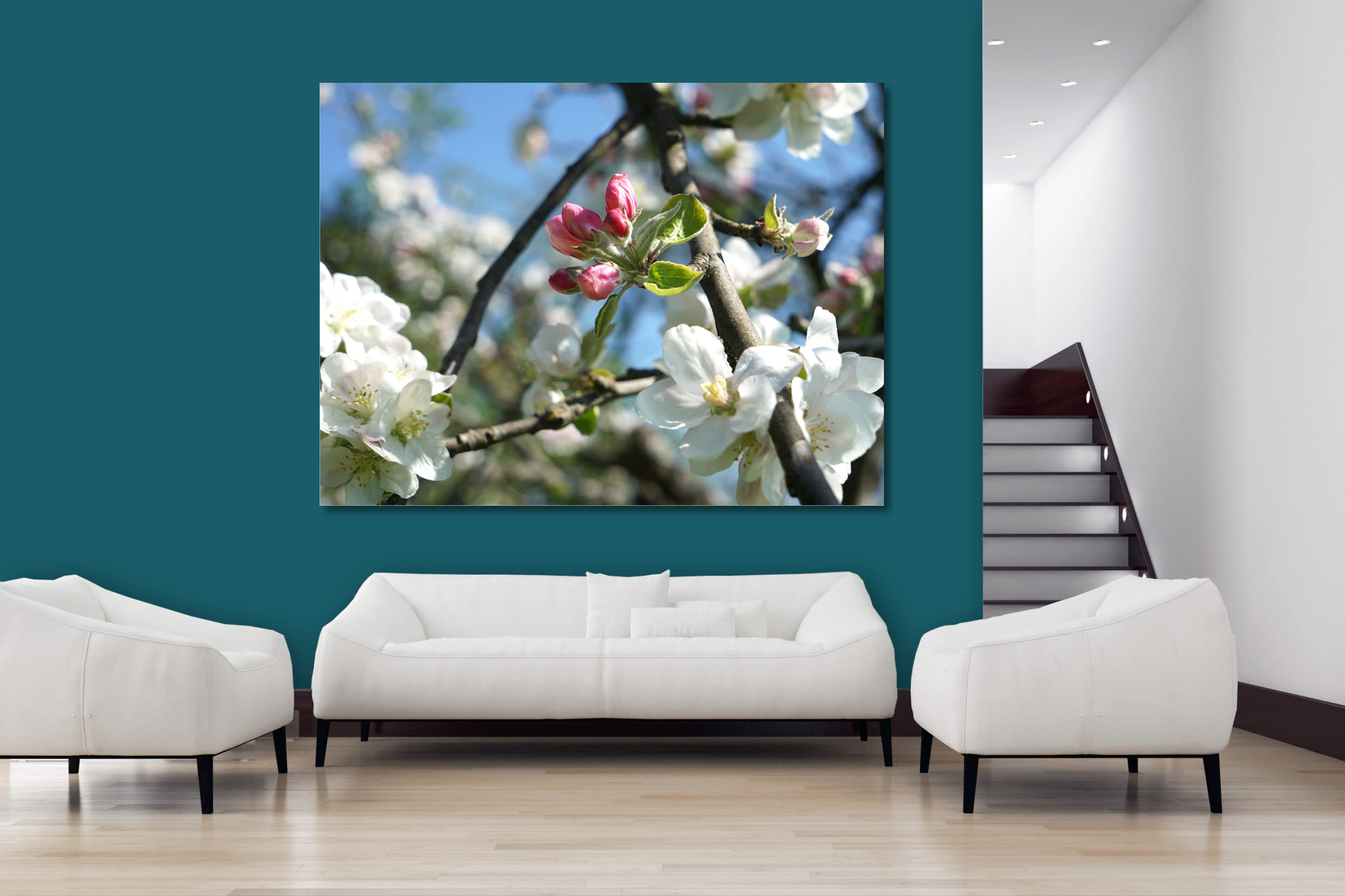 Glücksvilla - Fioritura dei meli 4 (tela 2 cm, 160 x 120 cm) | varie misure - quadro murale orizzontale - giardino fiori fioritura pianta natura botanica albero ramo ciliegia