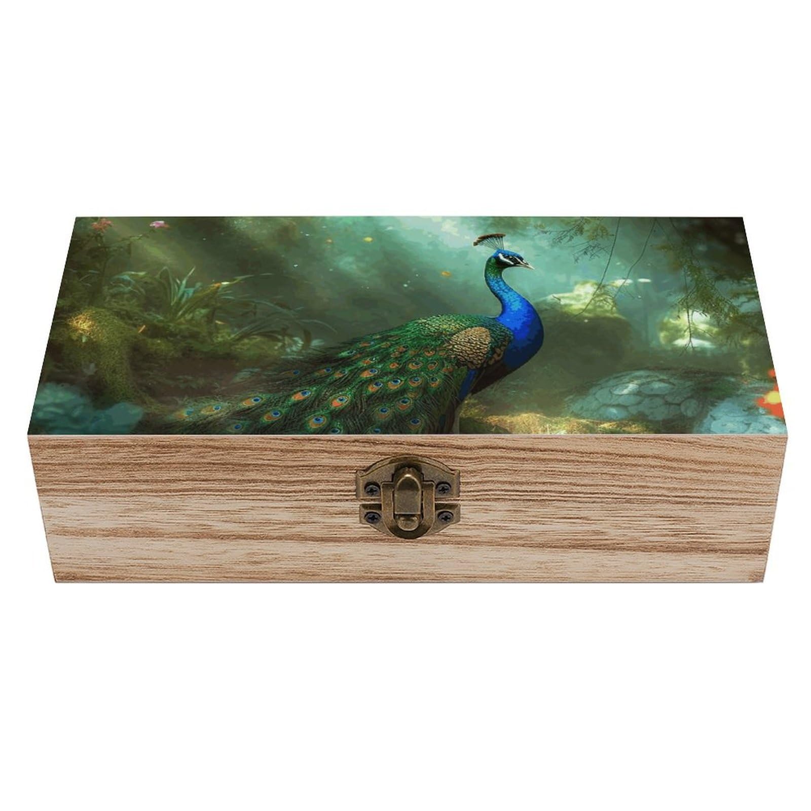 NONHAI Wooden Storage Box Peacock Wood Gift Box with Hinged Lid Vintage Decorative Jewelry Boxes Memory Box for Jewelry Art Hobbies Home Storage Treasure Keepsake Gift 7.9''x3.9''x2.3''
