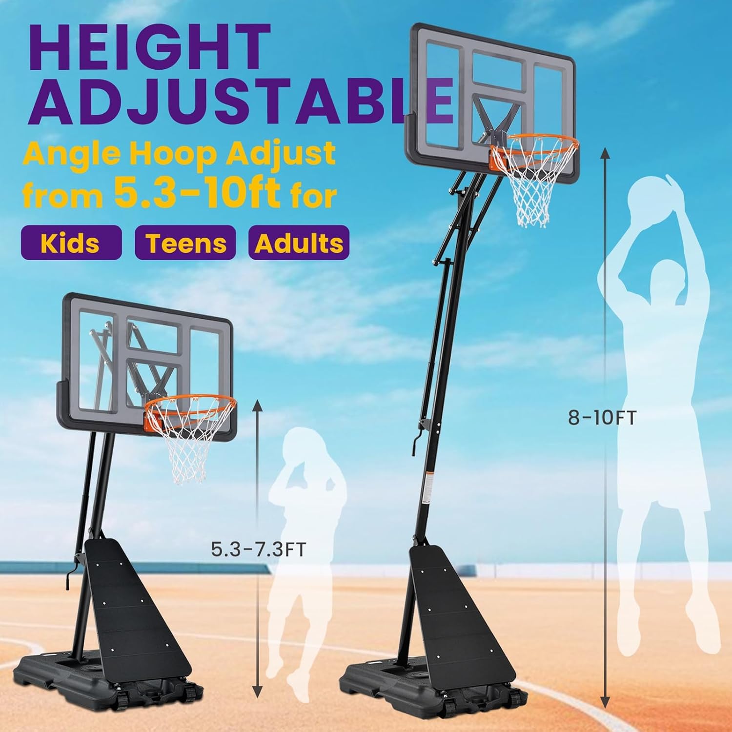 Basketball-Hoop, Portable-Basketball-Goal-System for Outdoor Indoor Use 44/48 inches Backboard and Adjustable Height for Youth and Adults
