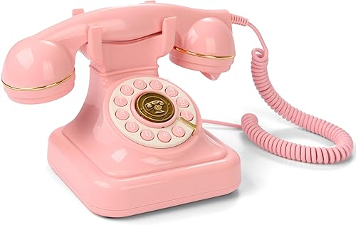 Teléfono fijo retro con cable antiguo, botón de marcación vintage de los años 60, teléfono de escritorio con cable, con función de Rosa