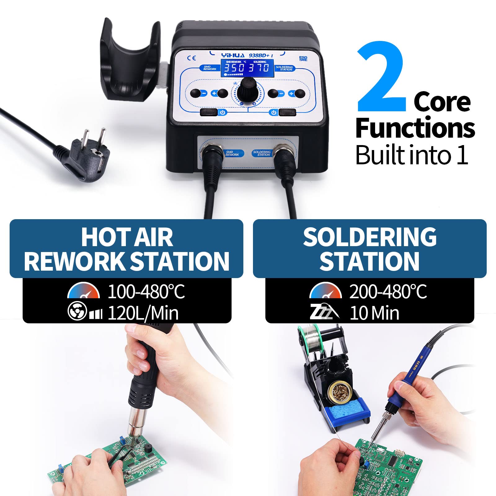 YIHUA 938BD+ I stazione saldante dissaldante ad aria calda SMD 2 IN 1 stazioni di saldatura, Avvio/arresto aria calda, Modalità sospensione, Display LCD per Rilavorazione saldature Progetti fai-da-te