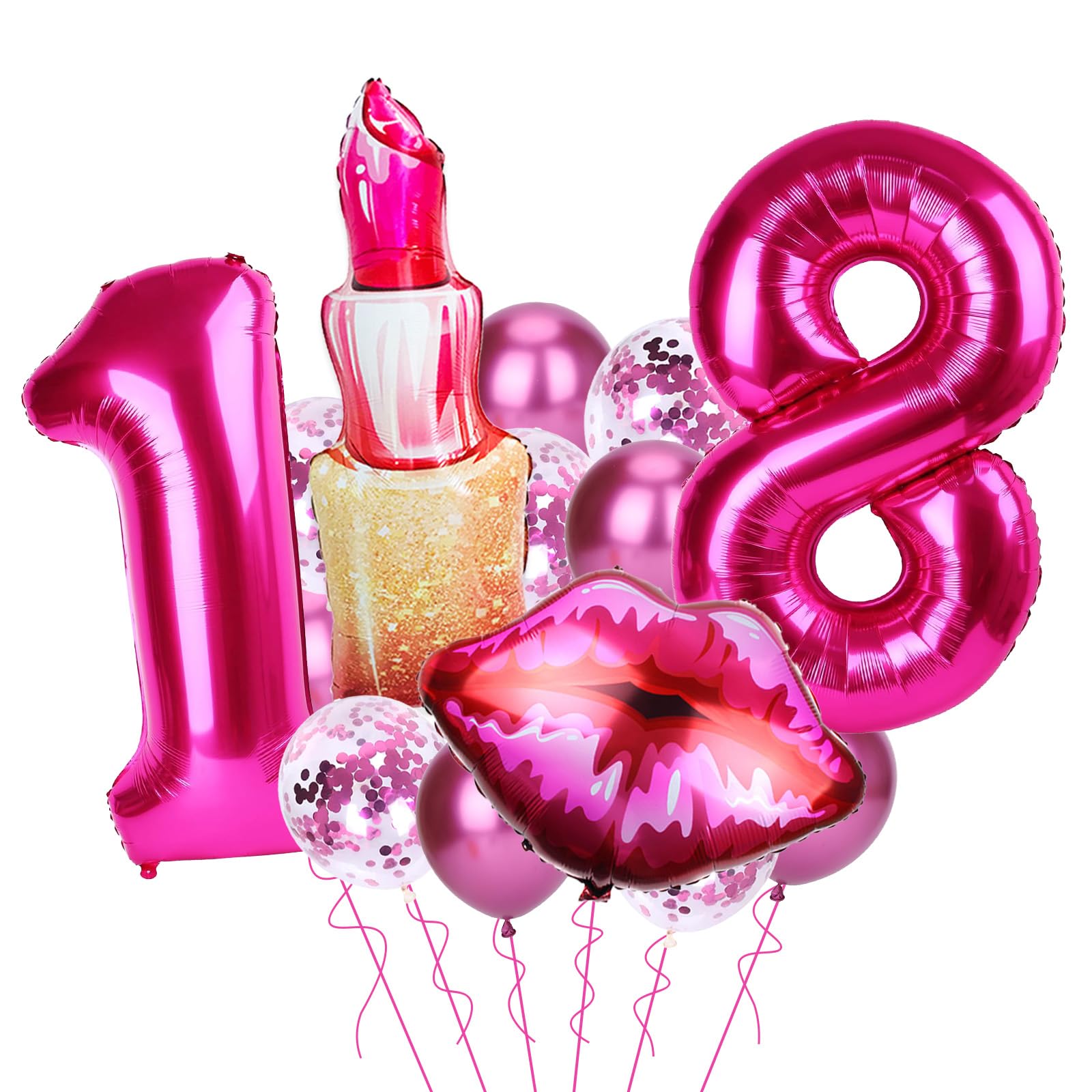 13Pcs Hot Pink 18 Balloon Numbers 40 Inch, Hot Pink Lips Lipstick Aluminum Foil Balloons, 18th Birthday Decorations for Girls, Hot Pink Balloons for Anniversaries, Happy Birthday Decorations