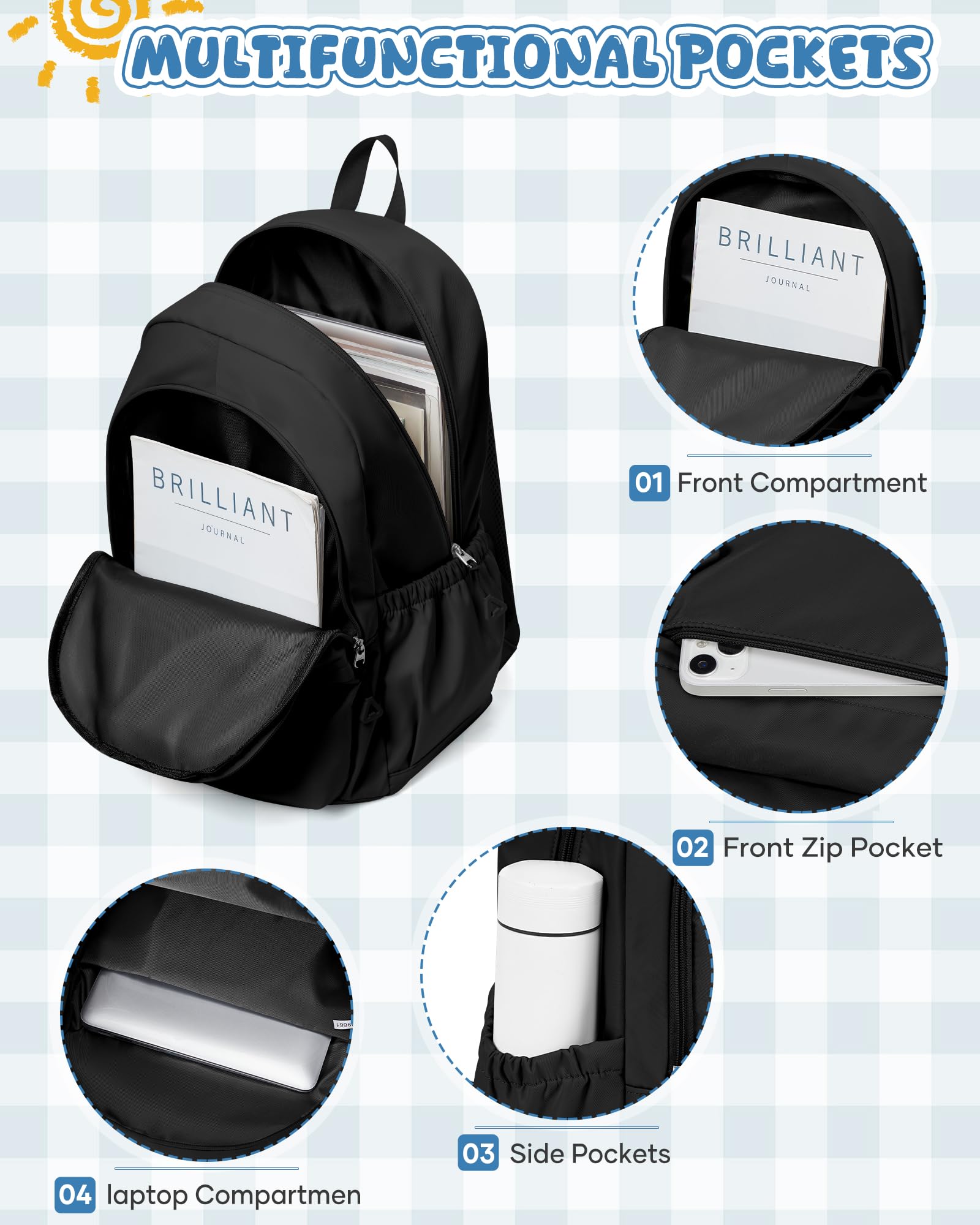 winspansy Mochila Escolar para Adolescentes Niñas y Niños, Mochila Ligera Impermeable para Escuela, Hombres y Mujeres, Estética, Mochila para Portátil, Mochilas Casual de Diario -Negro