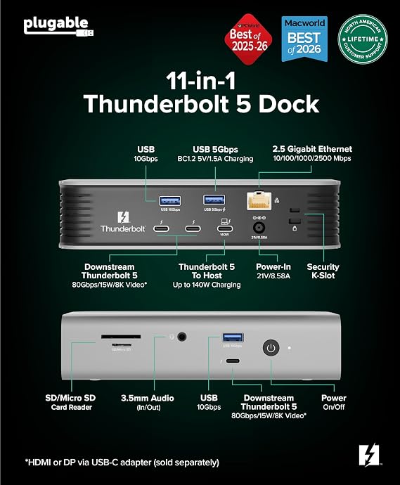 Plugable Thunderbolt 5 Docking Station for MacBook Pro and Windows, 140W Charging, Dual 6K@60Hz Mac, Dual 8K Windows, 80/120Gbps, 3X Thunderbolt 5 Ports, 2.5GbE, Driverless (TBT-UDT3)