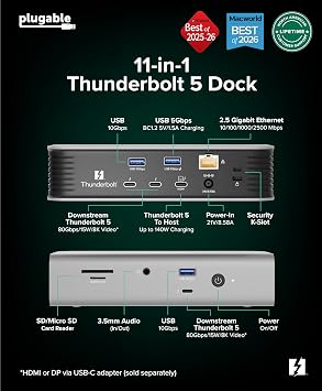 Plugable Thunderbolt 5 Docking Station for MacBook Pro and Windows, 140W Charging, Dual 6K@60Hz Mac, Dual 8K Windows, 80/120Gbps, 3X Thunderbolt 5 Ports, 2.5GbE, Driverless (TBT-UDT3)