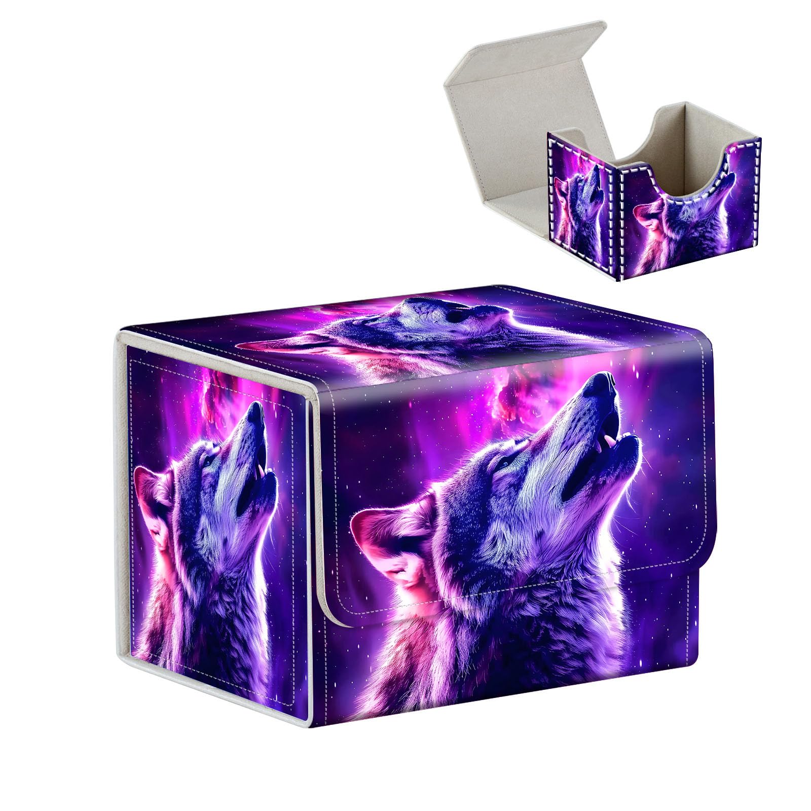 High-Capacity Art Deco Card Deck Box - Ideal Trading Card Game Storage Solution with Compact Size, and Easy Access - PU Leather Fits for TCG CCG Magic Cards(Cosmic Galaxy Wolf)