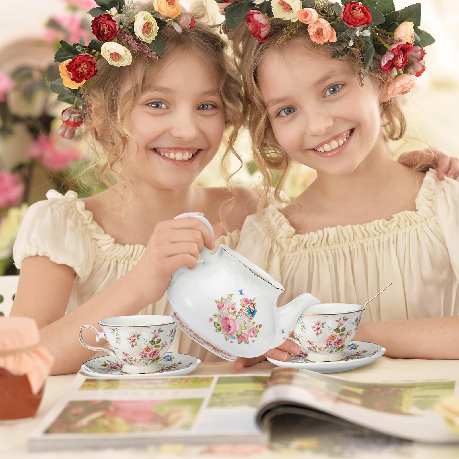 Maxcheck 21-Piece Vintage Floral Tea Set – Porcelain Teapot, Cups, Cake Stand & Metal Holder - View #5
