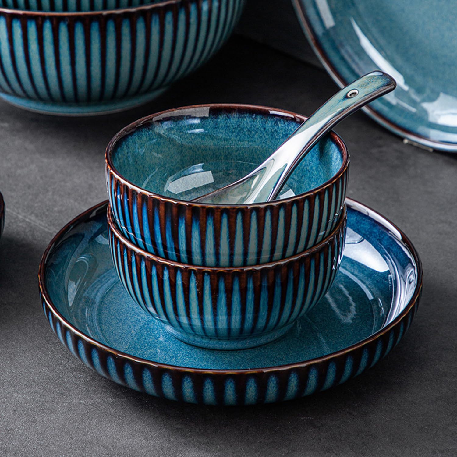 Müslischalen-Set, blaue Suppenschüsseln, mikrowellengeeignet, Reisschalen, Frühstücksschalen, Keramik-Müslischalen (4 Stück, 15,2 cm)