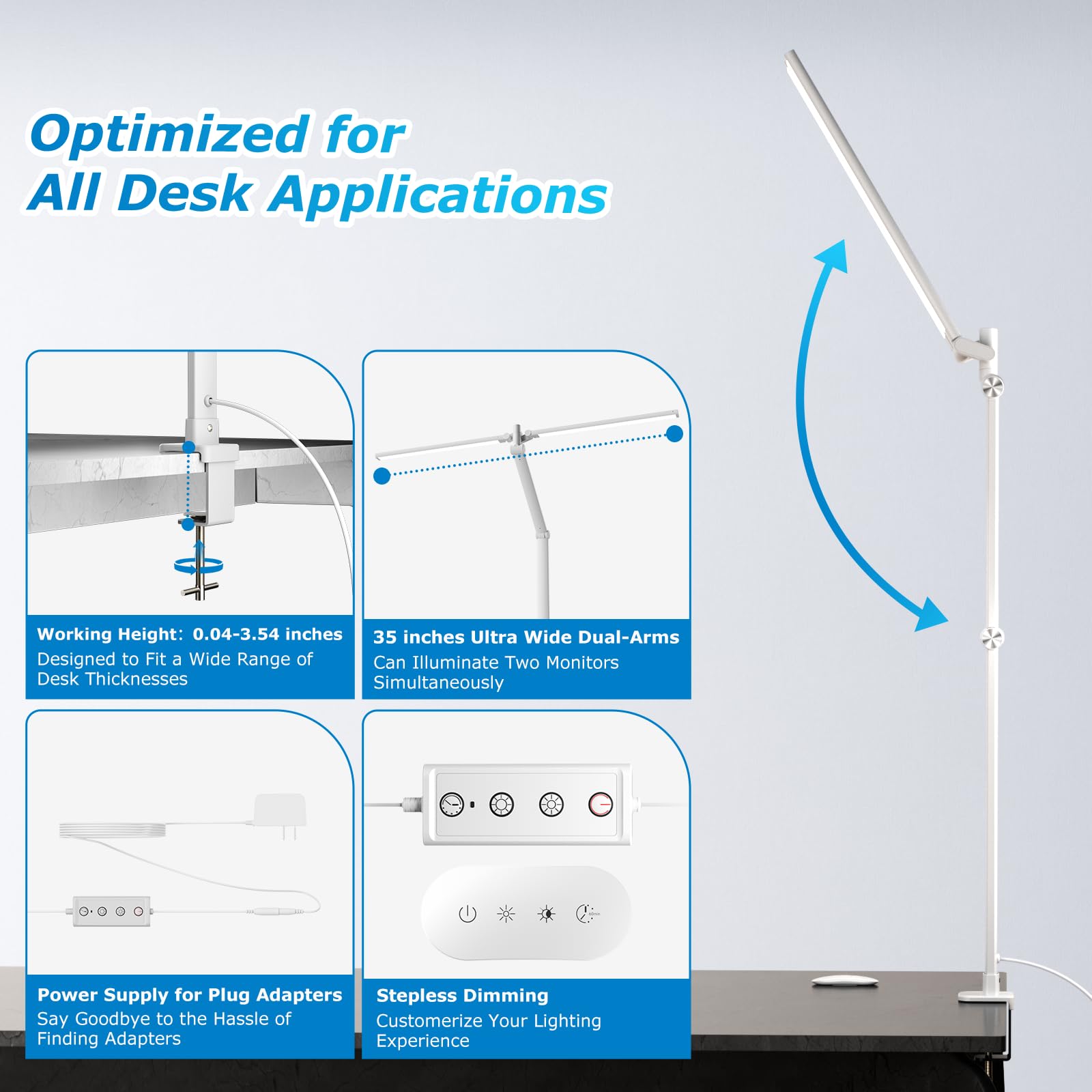 Airlonv LED Desk Lamp, Double Swing Arm Wide Lighting Area Desk Lamps for Home Office with Stepless Dimming, Eye-Caring Architect Desk Light with Clamp for Reading, Study, Workbench, Drafting(White) view 5