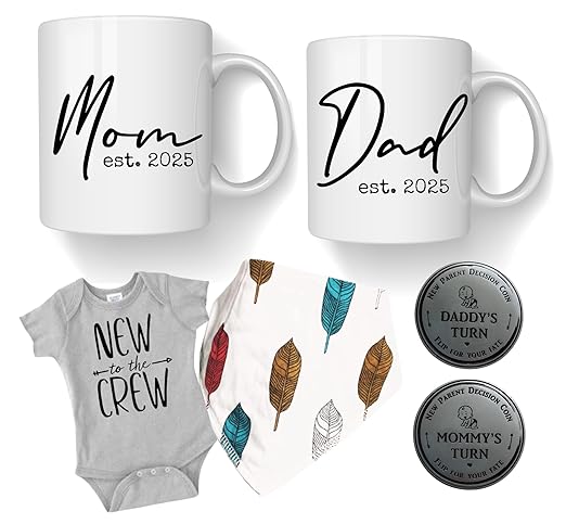 Pregnancy Gift Est 2025 -New Parents Gifts-Mommy and Daddy Est 2025 11 oz Mug Set - Romper (0-3M)-Top Mom and Dad Gift Set for New and Expecting Parents to Be New Mom Gifts for Women (Feather Bib 25)