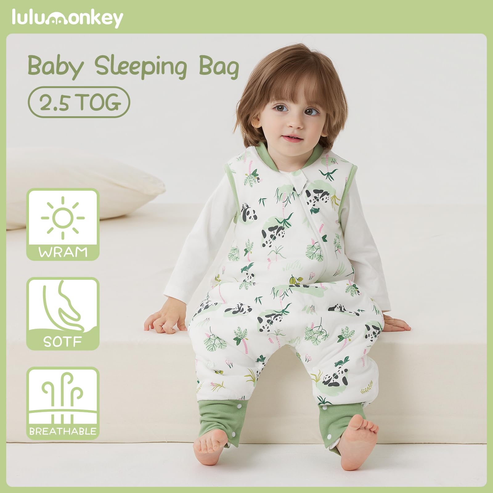 LULUMONKEY Sleeping Bag with Legs 2.5 TOG, 100% Cotton Winter Sleeping Sack with Feet Toddler Wearable Blanket 6-12 Months, Panda - Image 2