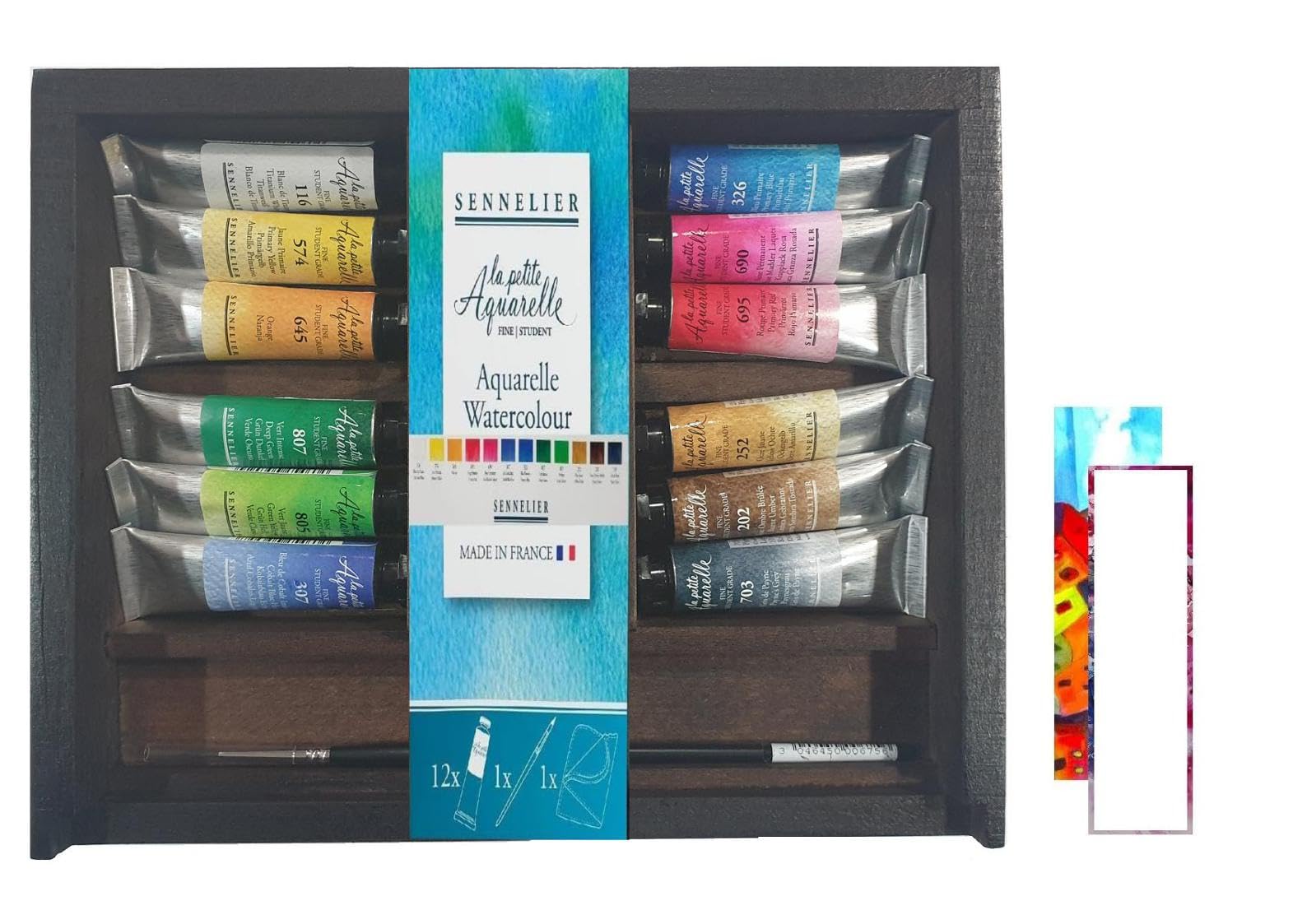 Sennelier - Caja de pintura de acuarela (12 tubos, 10 ml, caja de madera y 2 cartas)