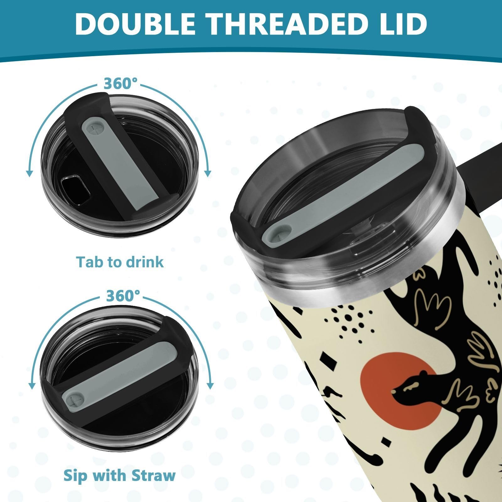 Isolierter Trinkbecher, ethnischer Boho-Leopardenmuster, doppelwandig, Edelstahl, Wasserflasche, Kaffeetasse, Reisebecher mit Griff, Strohhalm-Deckel