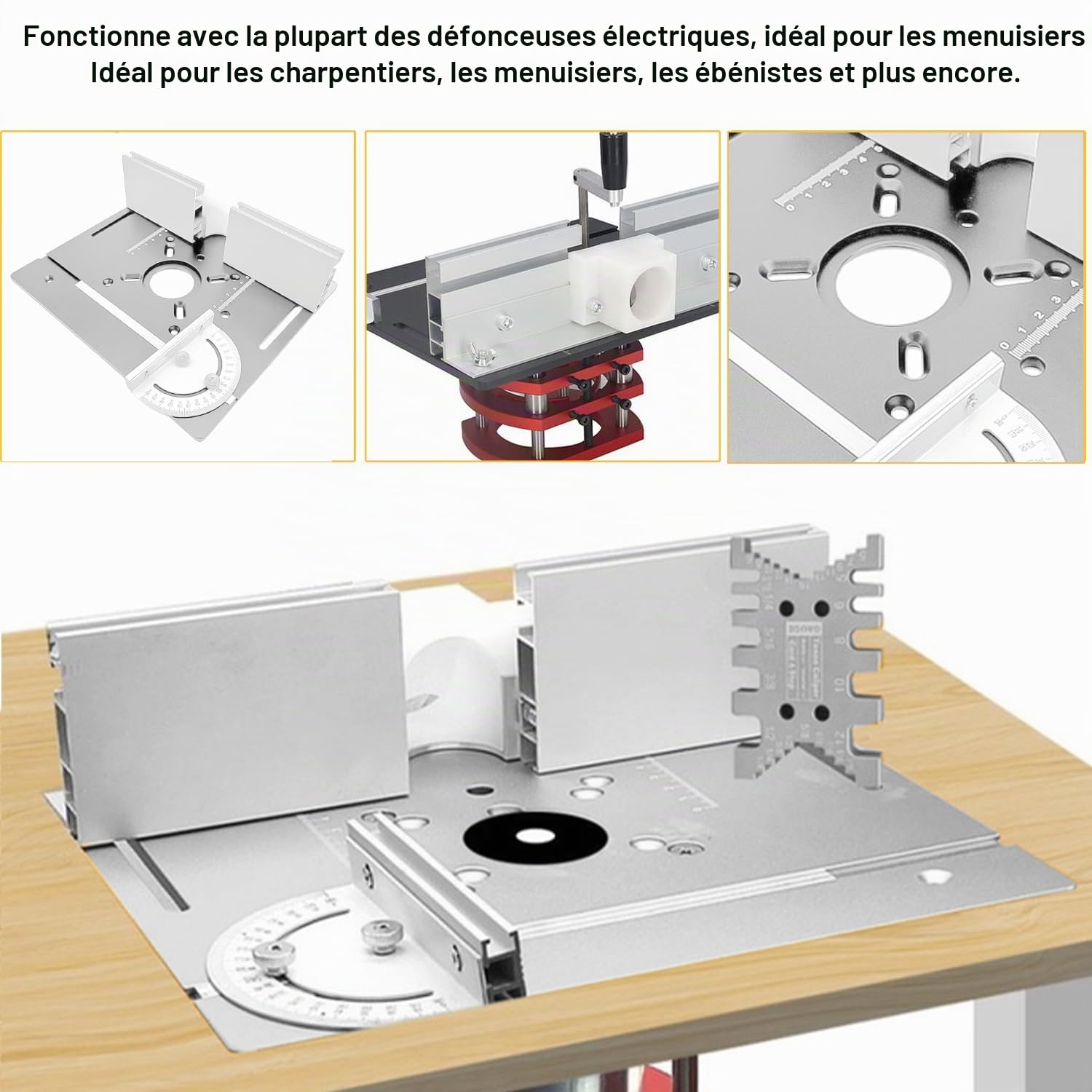 Kit défonceuse Sur Table Aluminium, 65 mm De DiamèTre Défonceuse Sous Table Routeur Lift, Table Défonceuse Kit pour Rainures Et Bordures De Table (Argent + Rouge)