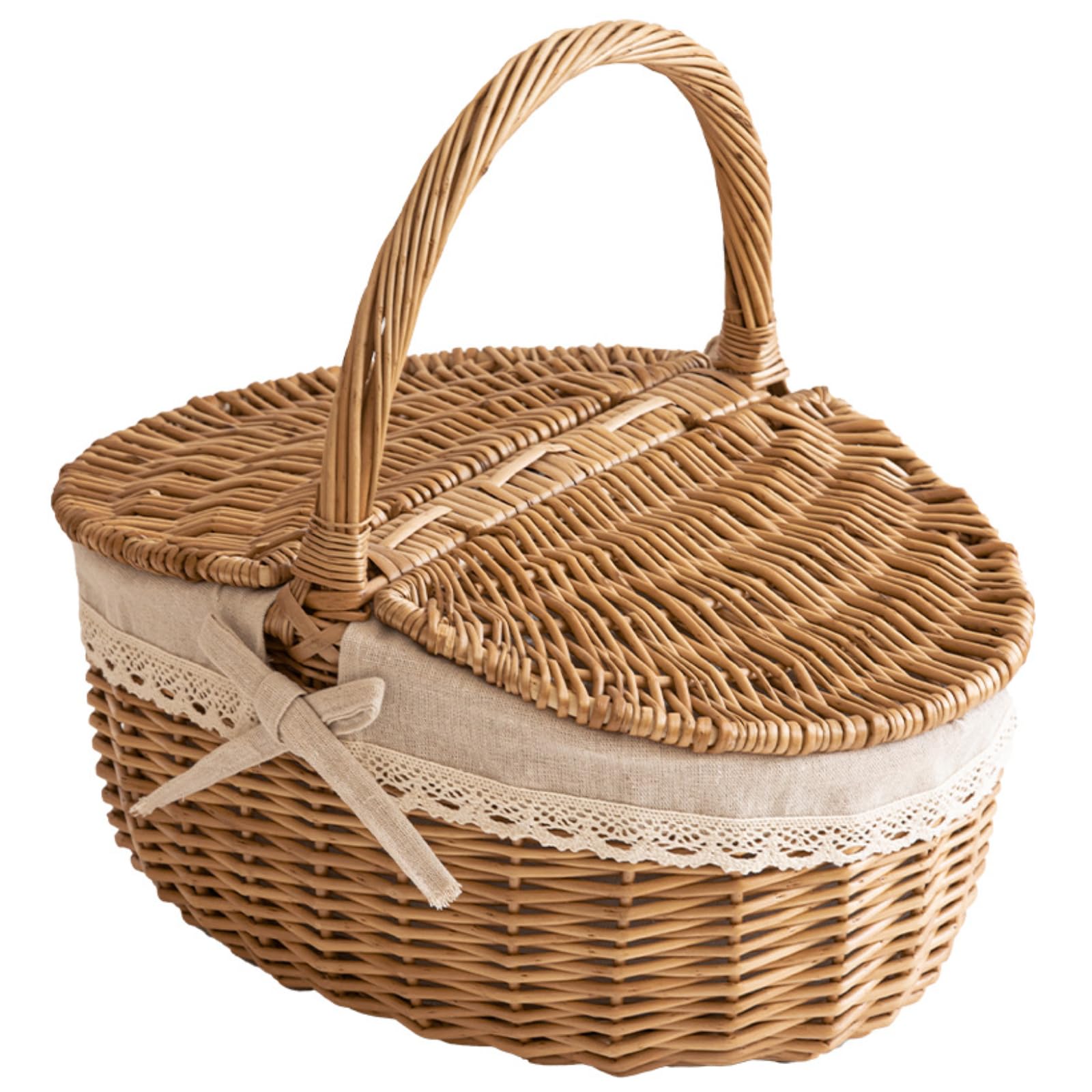 Handwoven Wicker Picnic Basket with Handles – Double-Lid Willow Hamper with Cloth Lining – Rustic Storage & Picnic Basket for Camping, Weddings, Garden Harvest and Home Decor (Large)