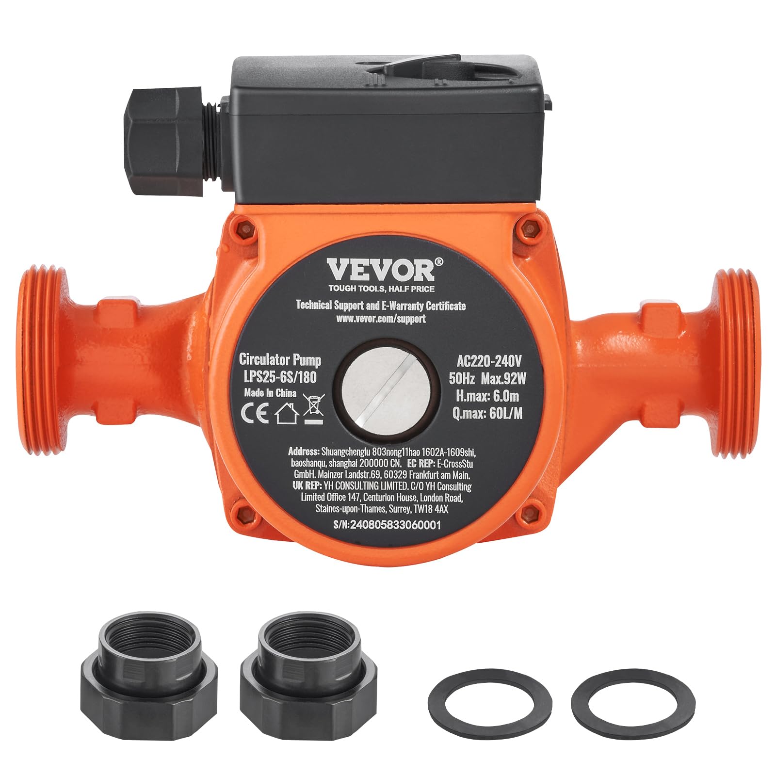 VEVOR LPS25-6S-180 Pompe de Circulation d'eau Chaude, Orange