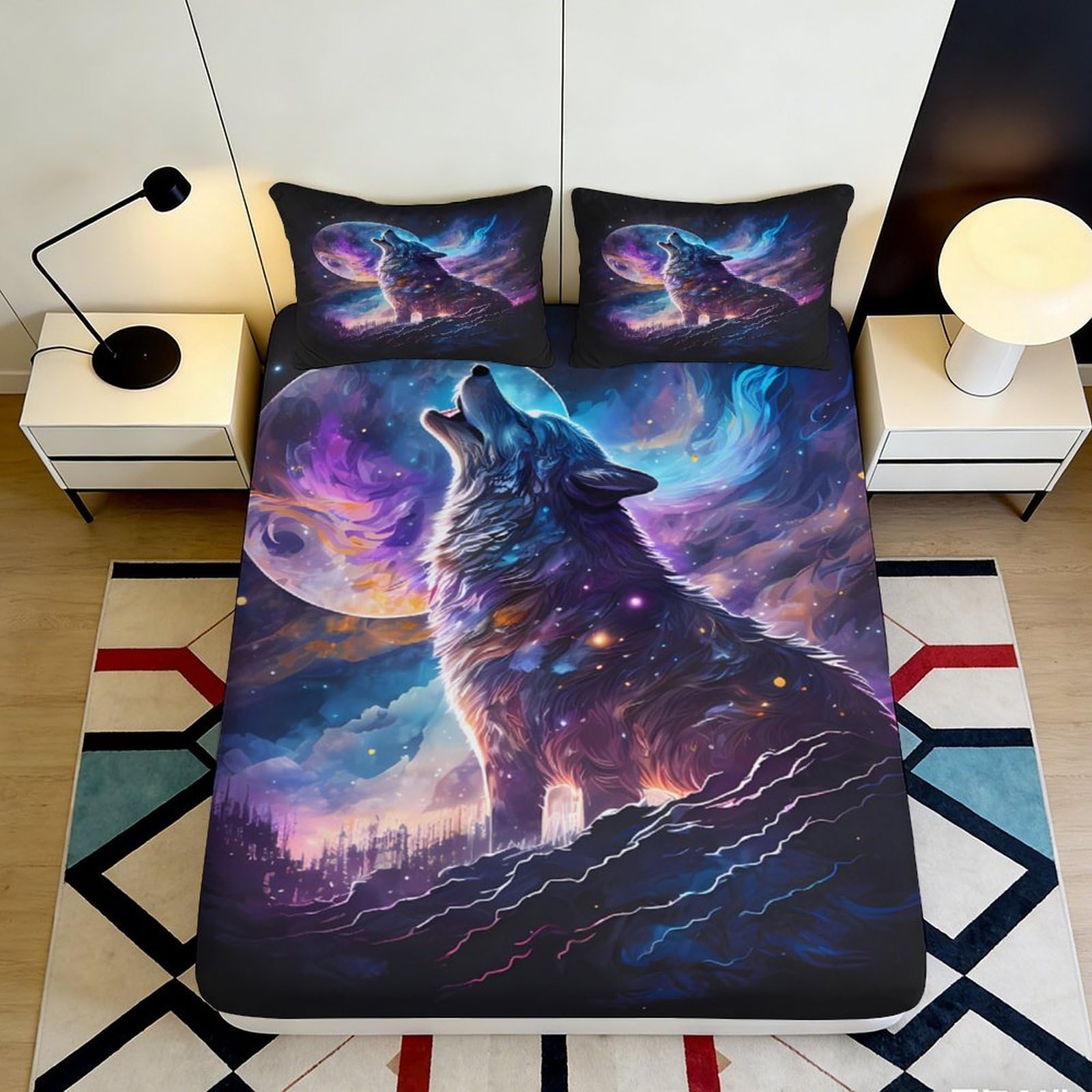 3D Printed Wolf Galaxy Fitted Sheet Microfiber Soft Bedroom Decor Cosmic Nebula Mattress Cover for Home Dorm 90x200x25cm