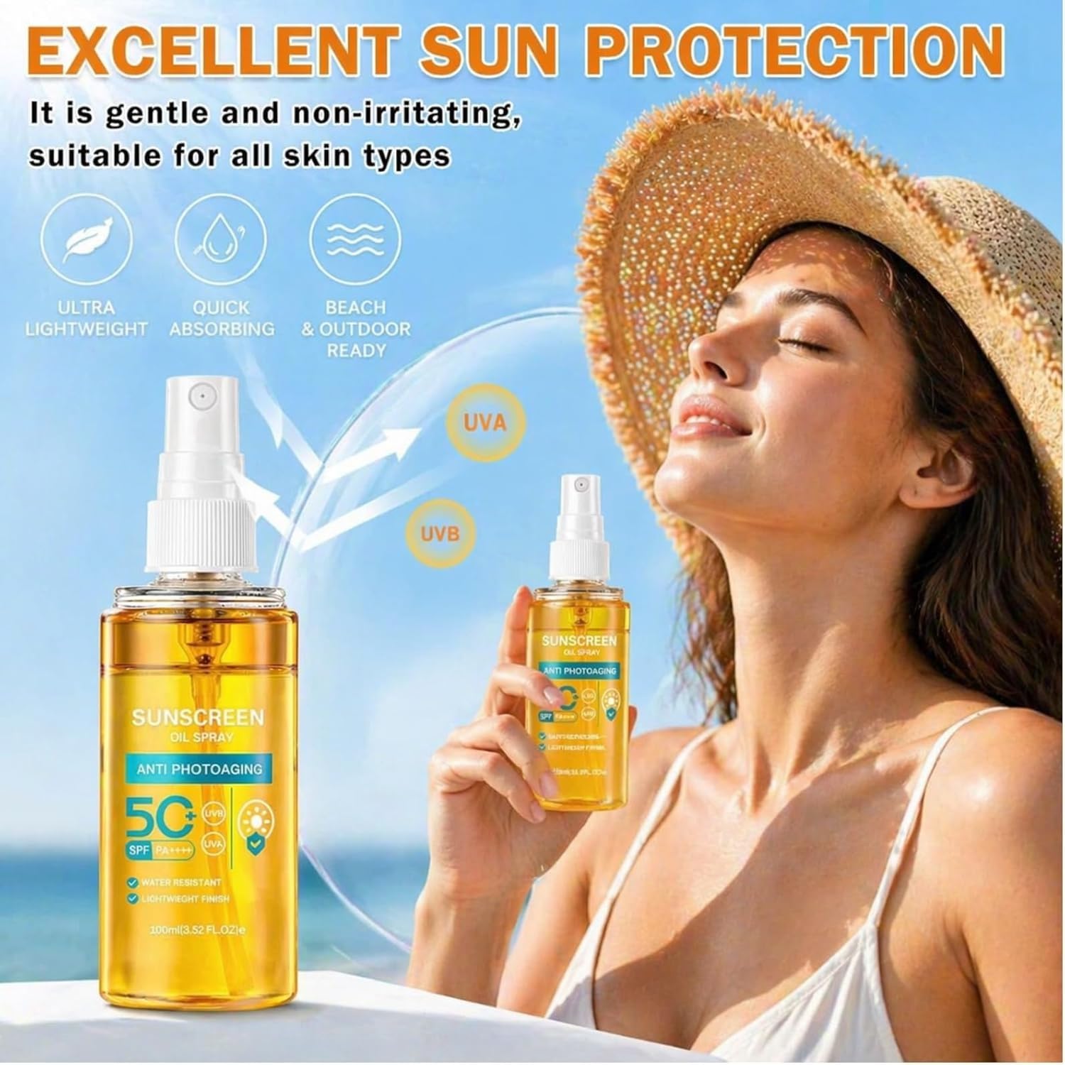 Spray solare SPF 50 — Nebulizzazione fine (3Pezzo) | Formato tascabile. Ideale per spiaggia, attività all'aperto e nuoto. Riapplicare ogni 2