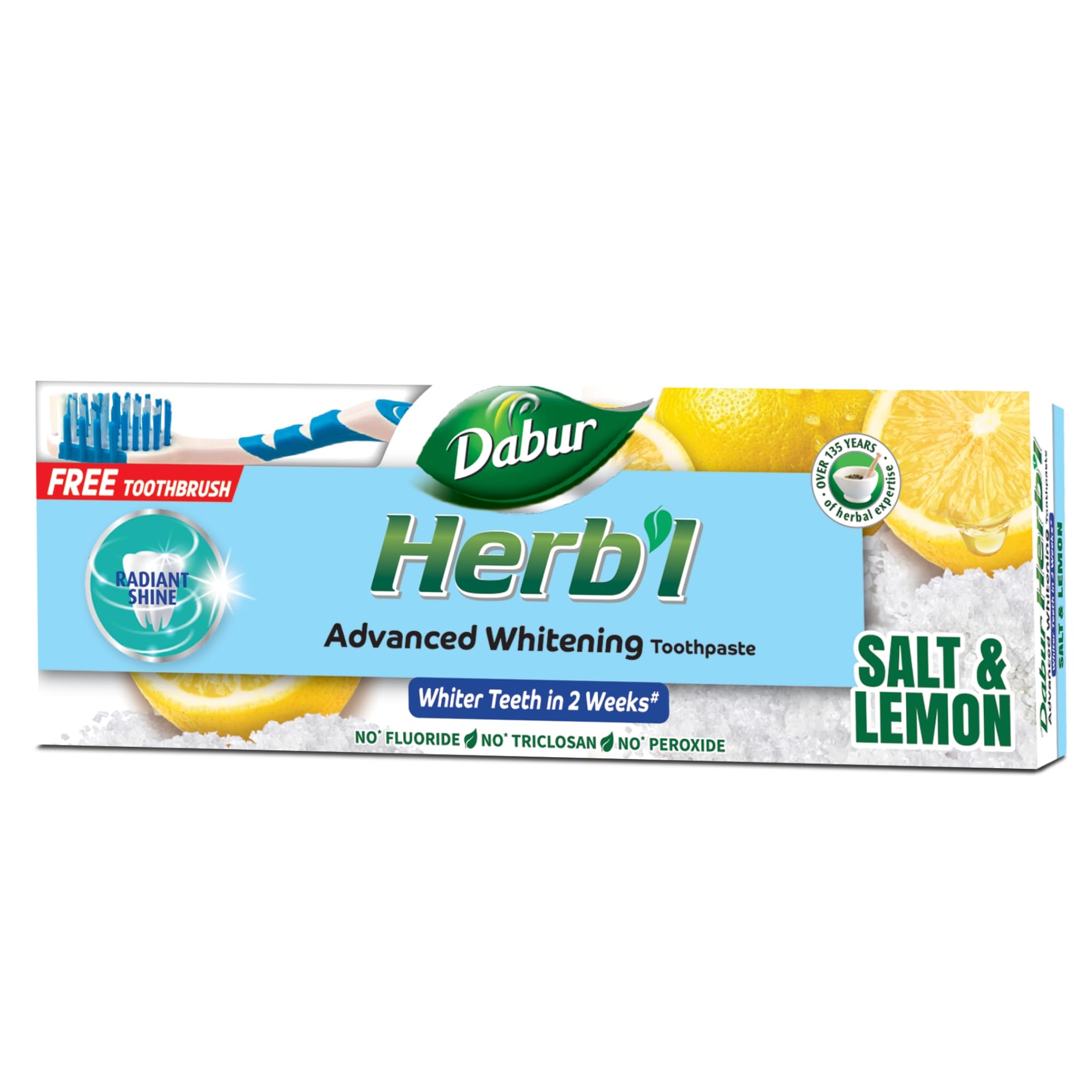 Dabur Herbal Whitening Natural Toothpaste (150g + Toothbrush) | Enriched With Salt and Lemon | For Sparkling Shine & Super White Teeth