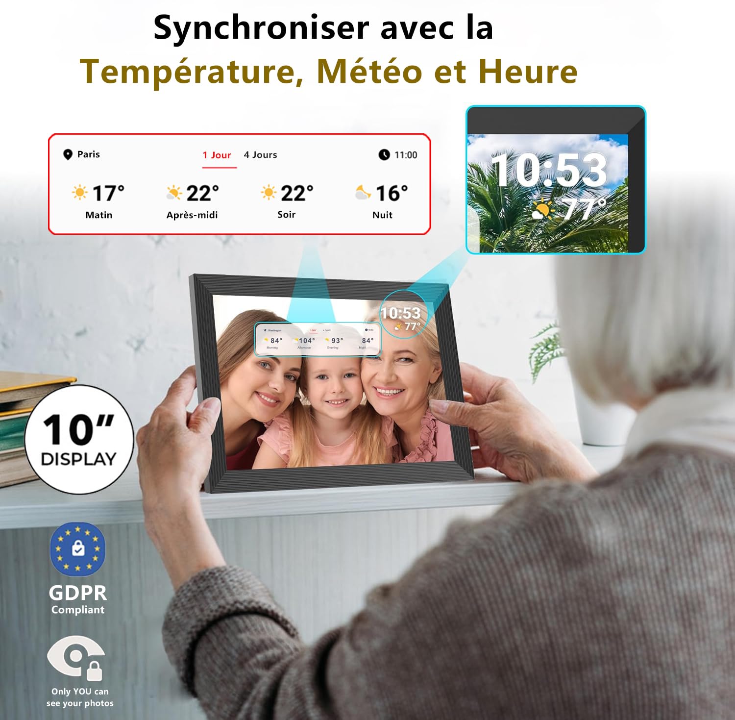 Frameo 32Go Cadre Photo Numérique WiFi 10,1 Pouces, Écran Tactile HD 1280x800 IPS pour Partager Photos et Vidéos, Support Multilingue, Rotation Automatique, Montage Mural (Blanc)