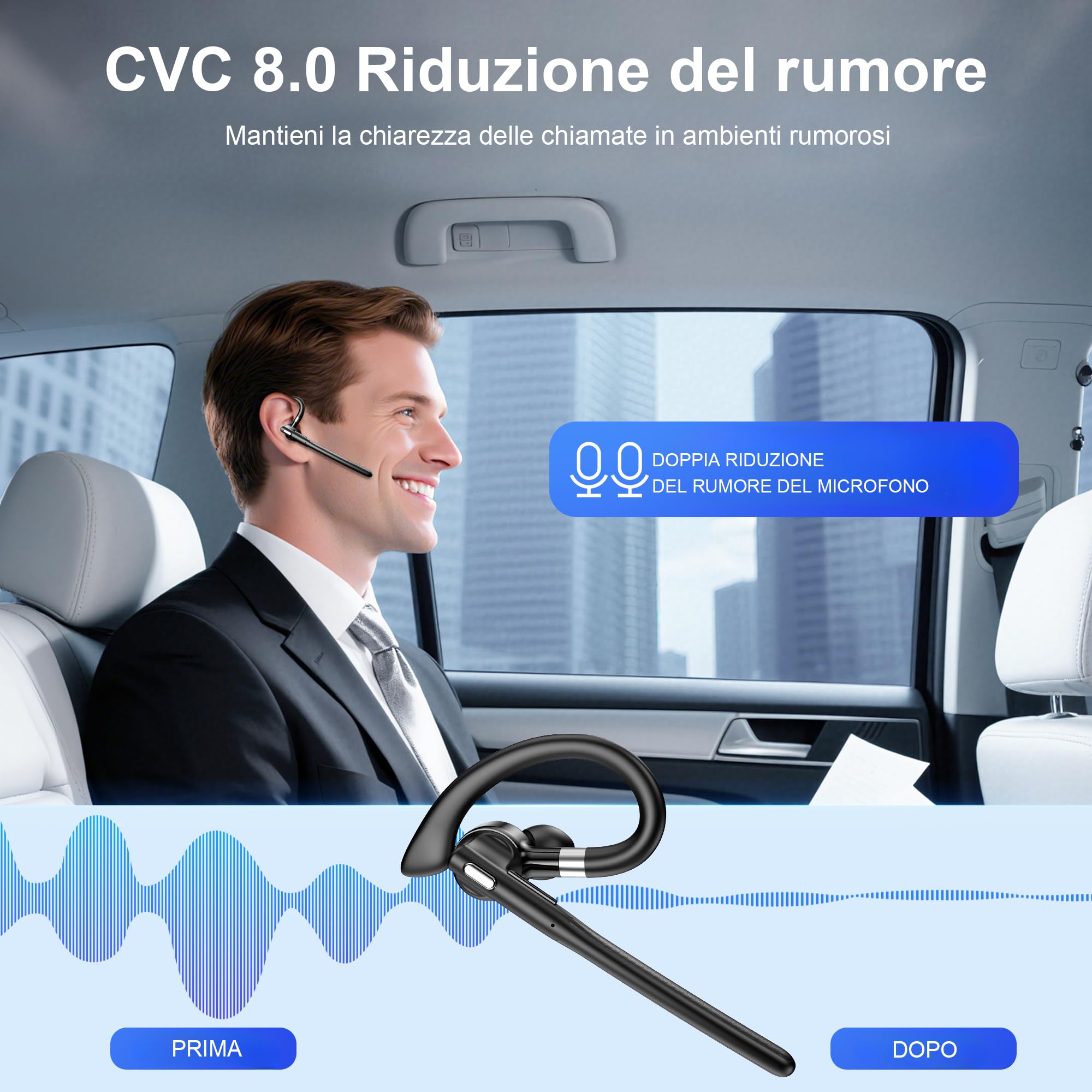 Auricolare Bluetooth 6.1 AI Singolo con CVC8.0 Microfono e USB, In Ear Cuffie Senza Filo Connessione a due Dispositivi, Custodia di Ricarica LED, 180 ore di Standby Cuffie per Guida/Lavoro/Ufficio
