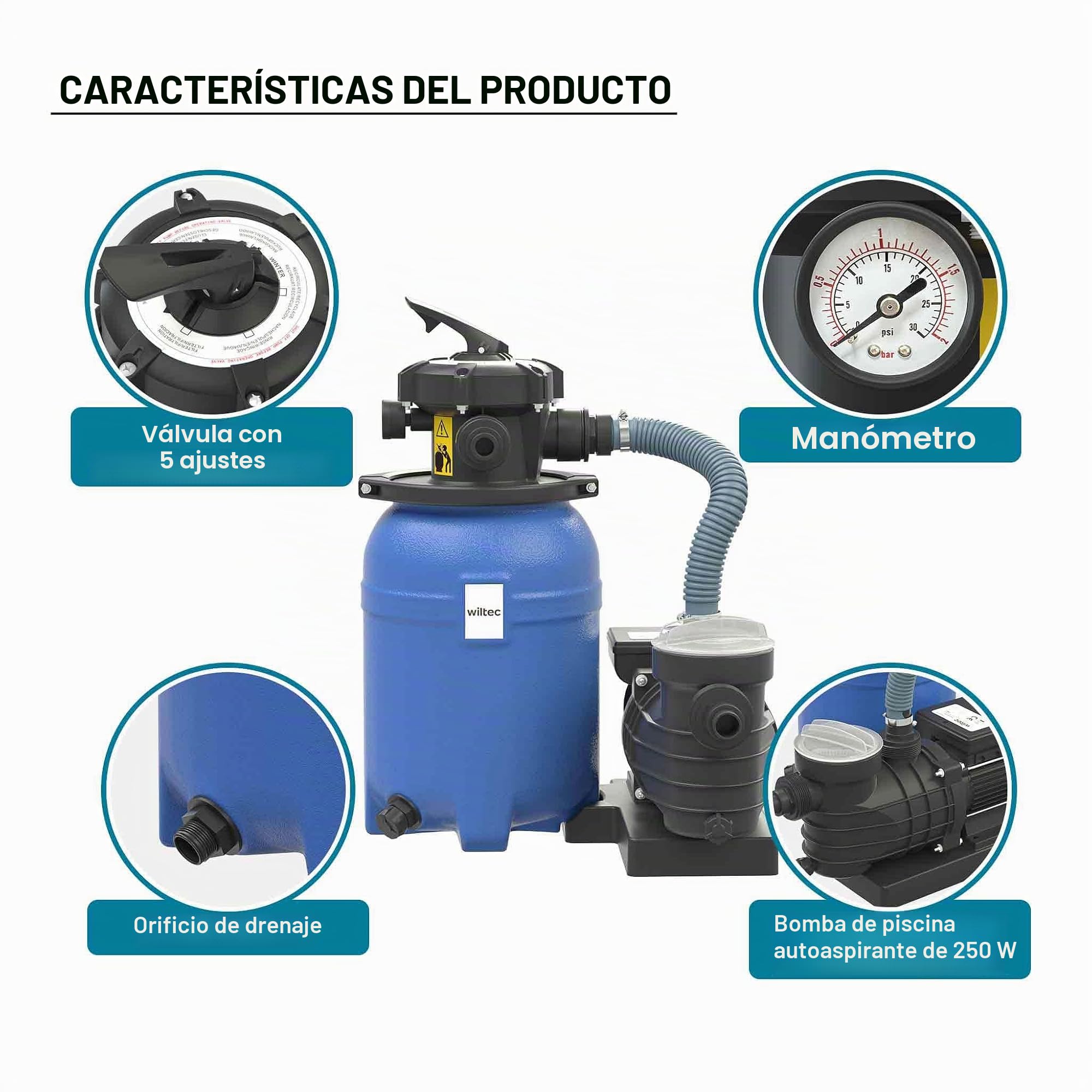 WilTec Sistema de Filtro de Arena 250W Tanque de filtrado 14l y Bomba autocebante 10000L/h Piscina