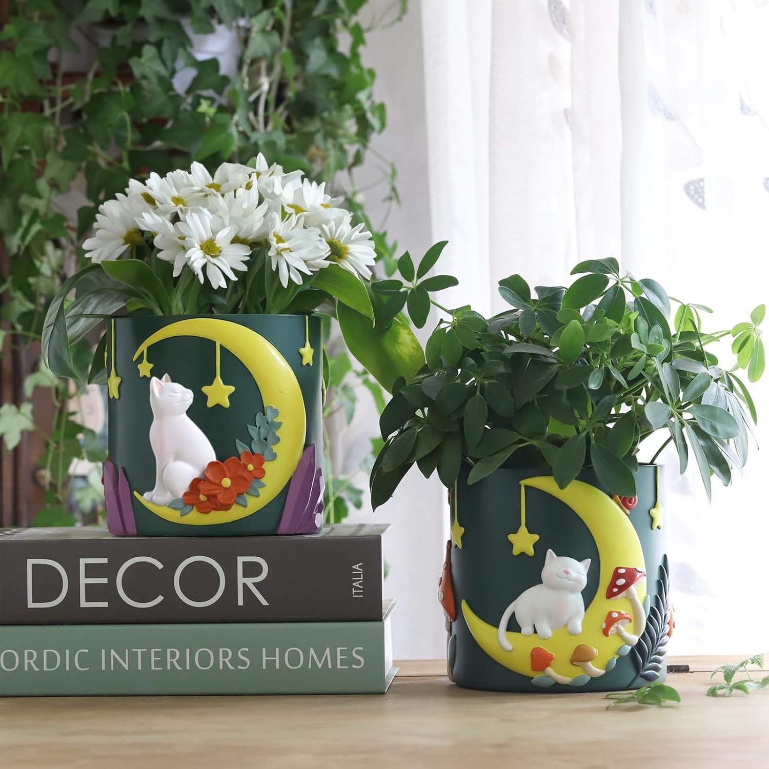 AmiCera Cute Moon Cat Flower Pots, Rainbow Unique Plant Pot with Drainage - Image 2