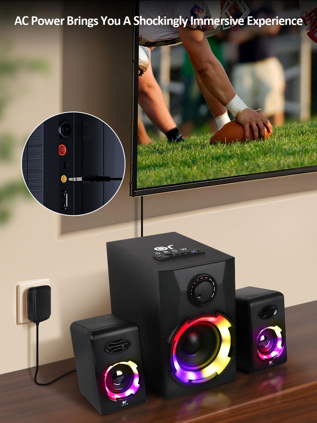 OROW PC Lautsprecher,2.1 Lautsprecher mit subwoofer,40W RGB Gaming Lautsprechers, Musik-Sync LED-Beleuchtung,Bluetooth/USB/TF/AUX Anschlüsse,Computer Lautsprechers für PC/TV (2.1 PC Lautsprecher)